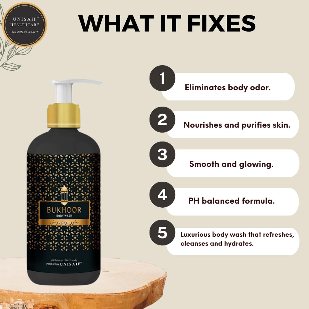 Unisaif Bukhoor Arabian Luxury Organic Body Wash Ph Balanced, Skin Friendly, Sulphate & Paraben Free 300 ml