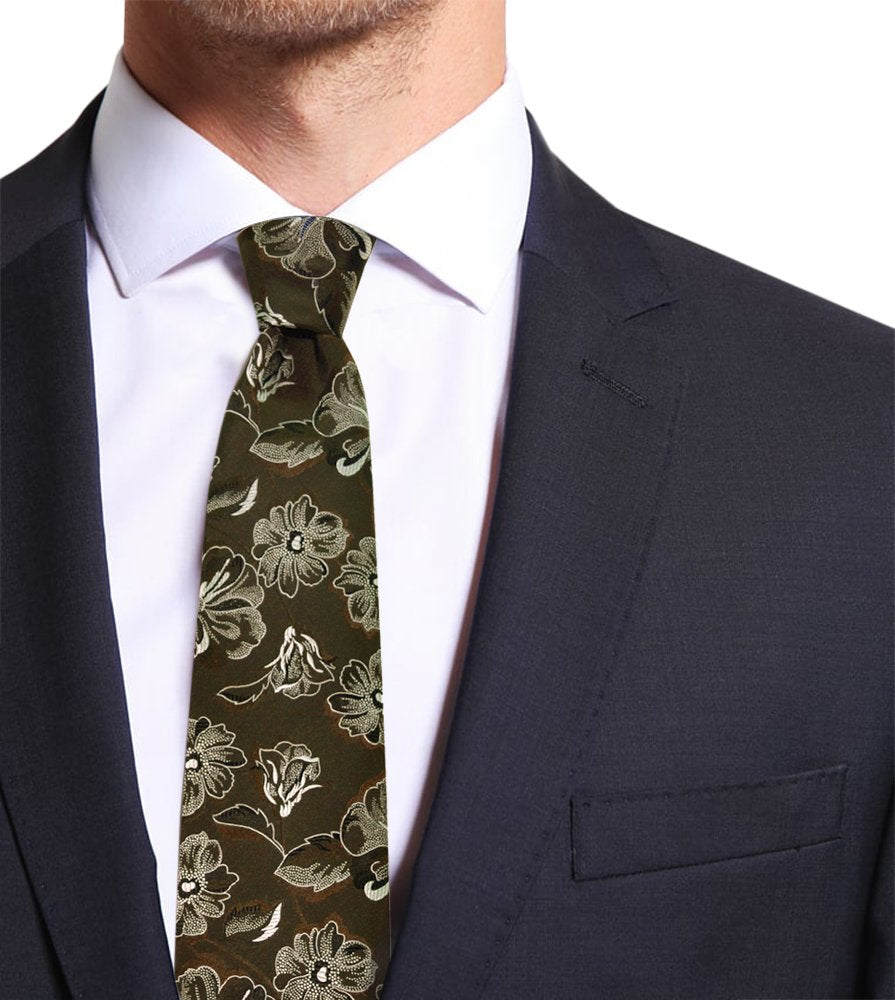 Remo Sartori Made in Italy Men's Floral Pattern Necktie, 3.34'' Width,100% Silk (Brown)