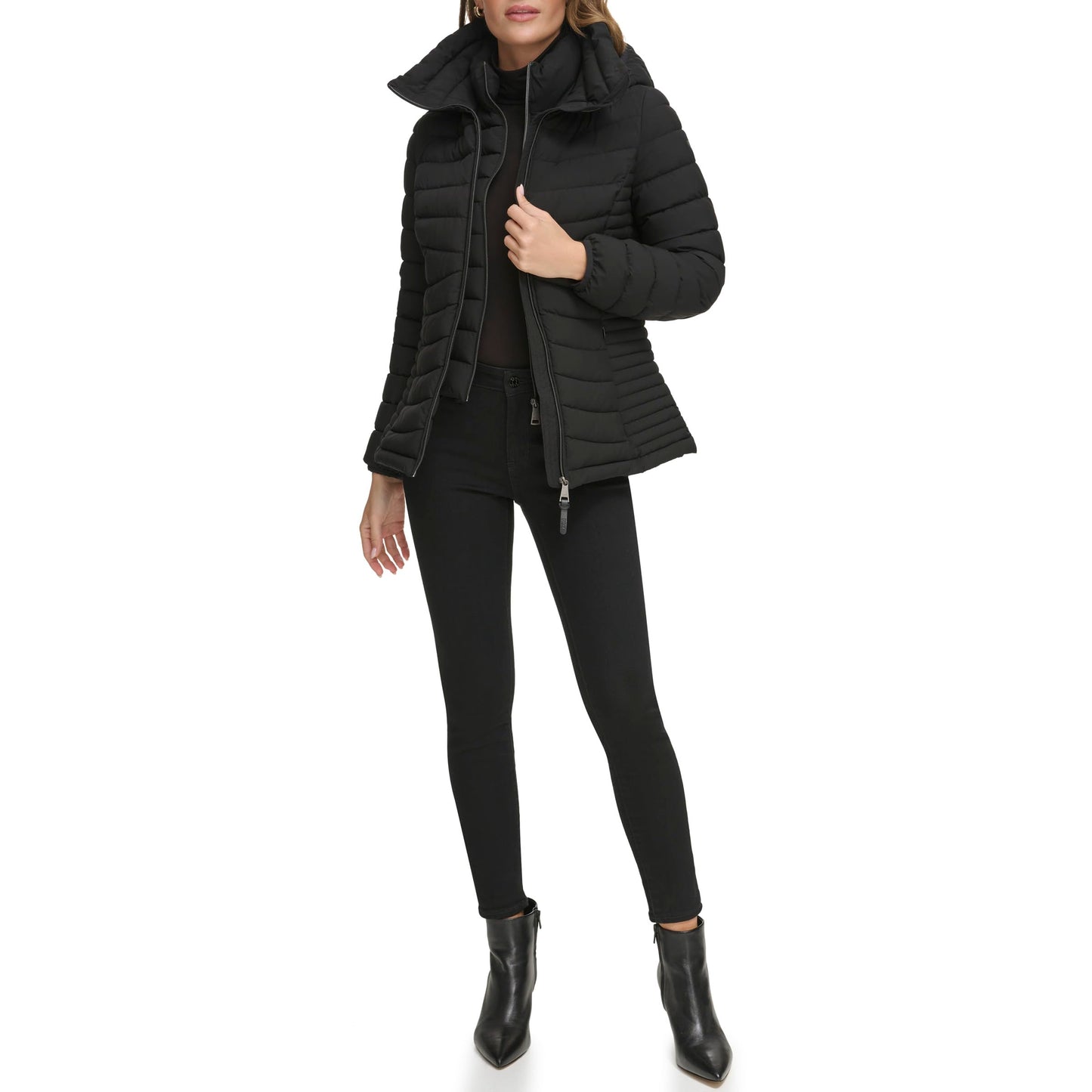 DKNY Women's Bib-Front Light-Weight Puffer, Jet Black