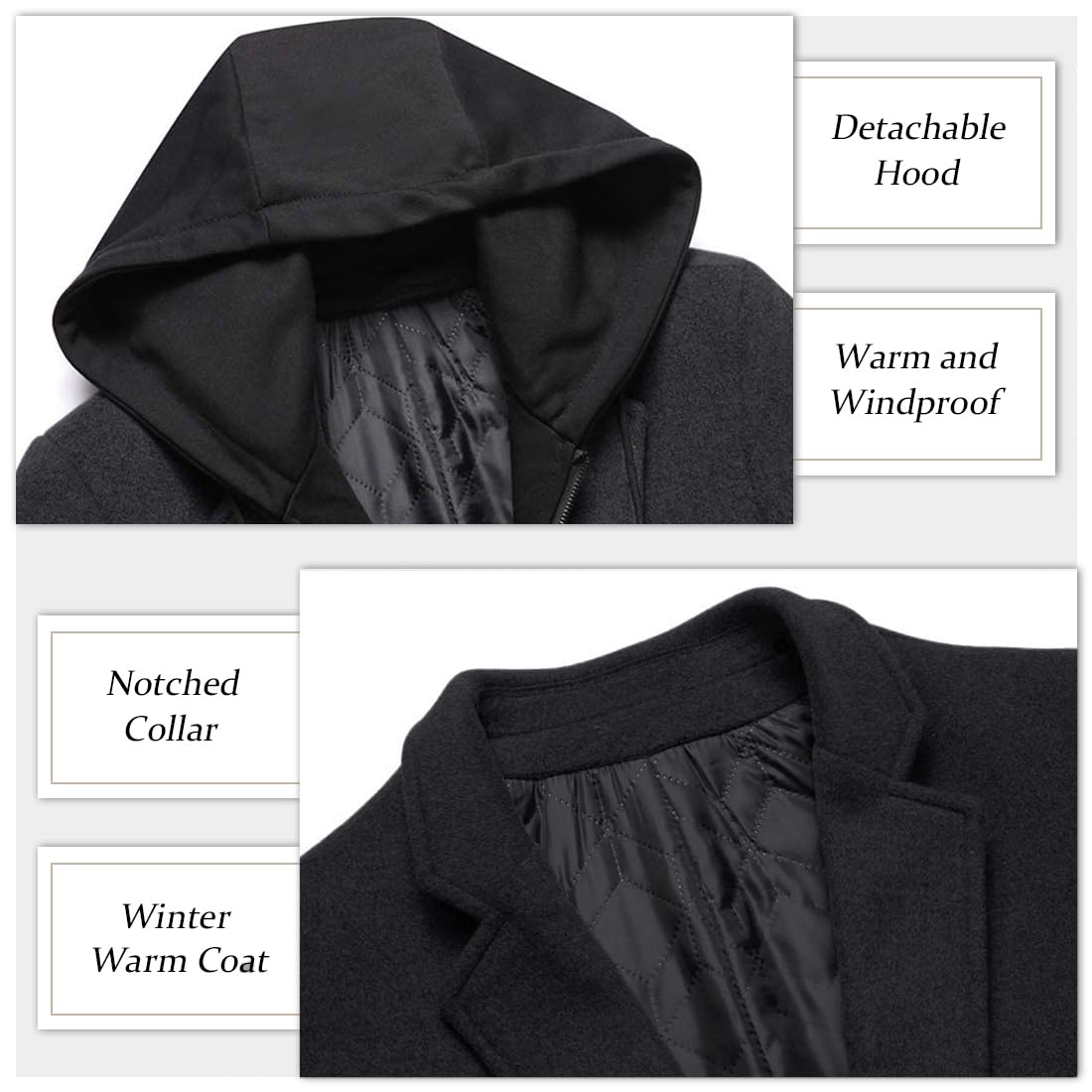 APTRO Men's Hooded Trench Coat Wool Overcoat Long Top Coat HGX019 Black M