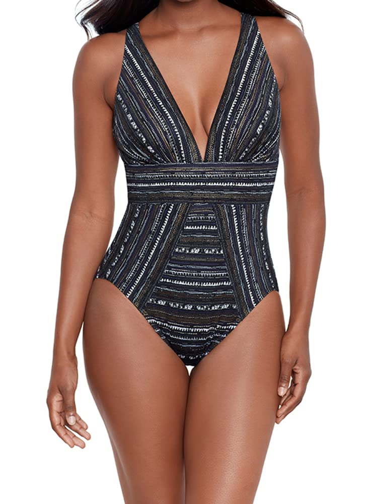 Miraclesuit Women's Swimwear Cypher Odyssey Tummy Control Soft Cup One Piece Swimsuit, Black/Multi, 08