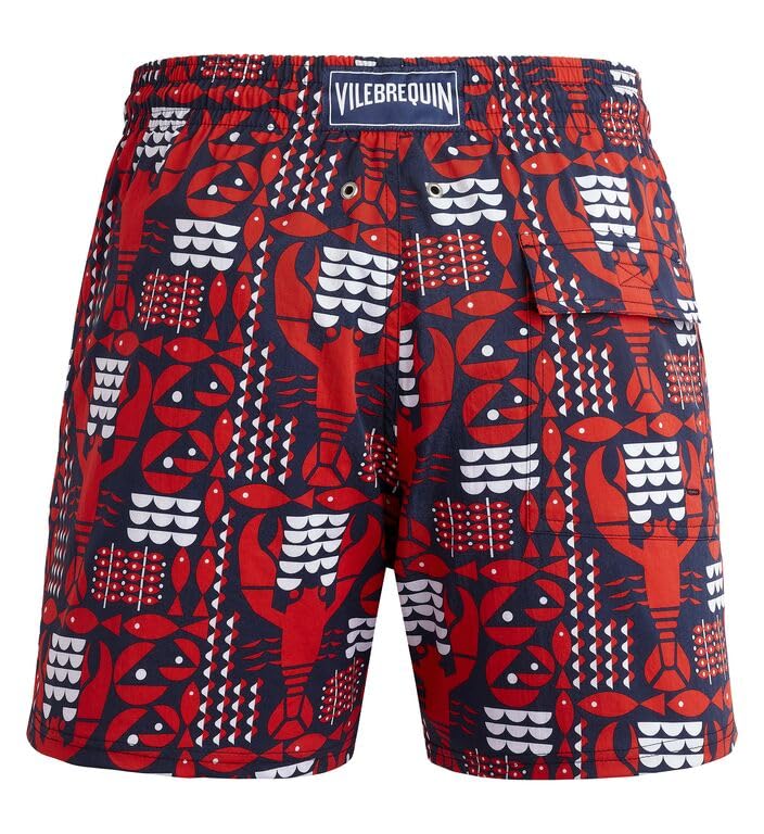 Vilebrequin Men Stretch Flat Belt Swim Trunks Graphic Lobsters, L, Navy Blue