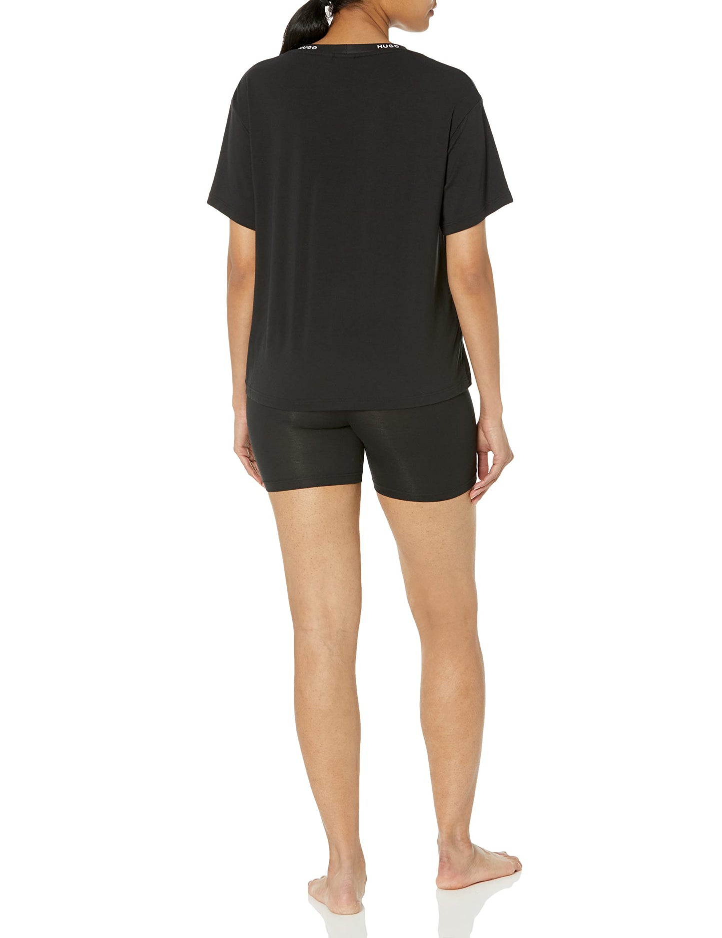 HUGO By Boss Womens Exposed Waistband Logo Collar T-shirt Shorts And Set, Solid Black/Bright Alabaster, Large US