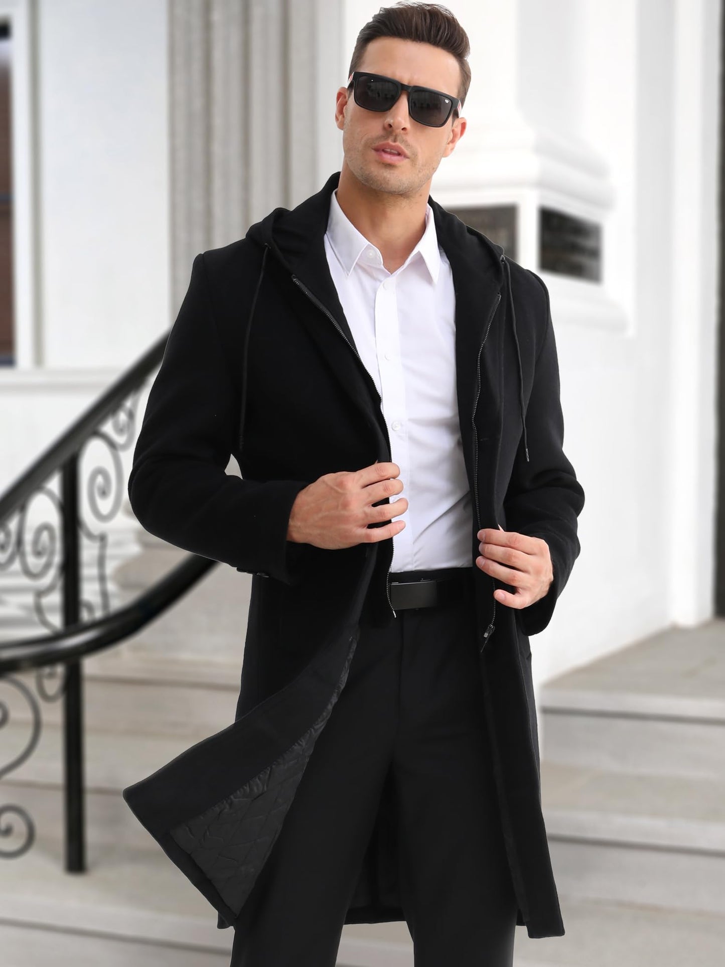 APTRO Men's Hooded Trench Coat Wool Overcoat Long Top Coat HGX019 Black M