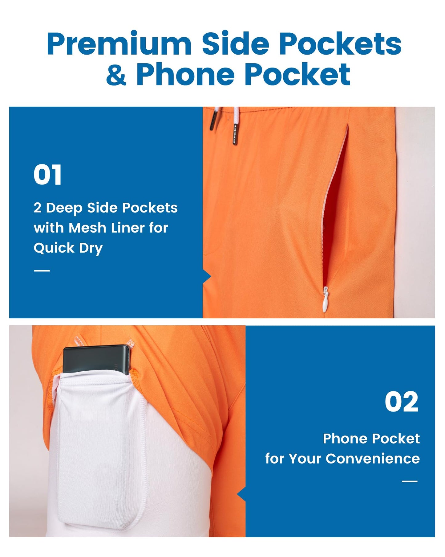 maamgic 5inch Mens Swimming Trunks with Compression Liner 2-in-1 Swim Trunks Stretch Quick Dry Swim Shorts with Zipper Pockets Tangerine and White Medium