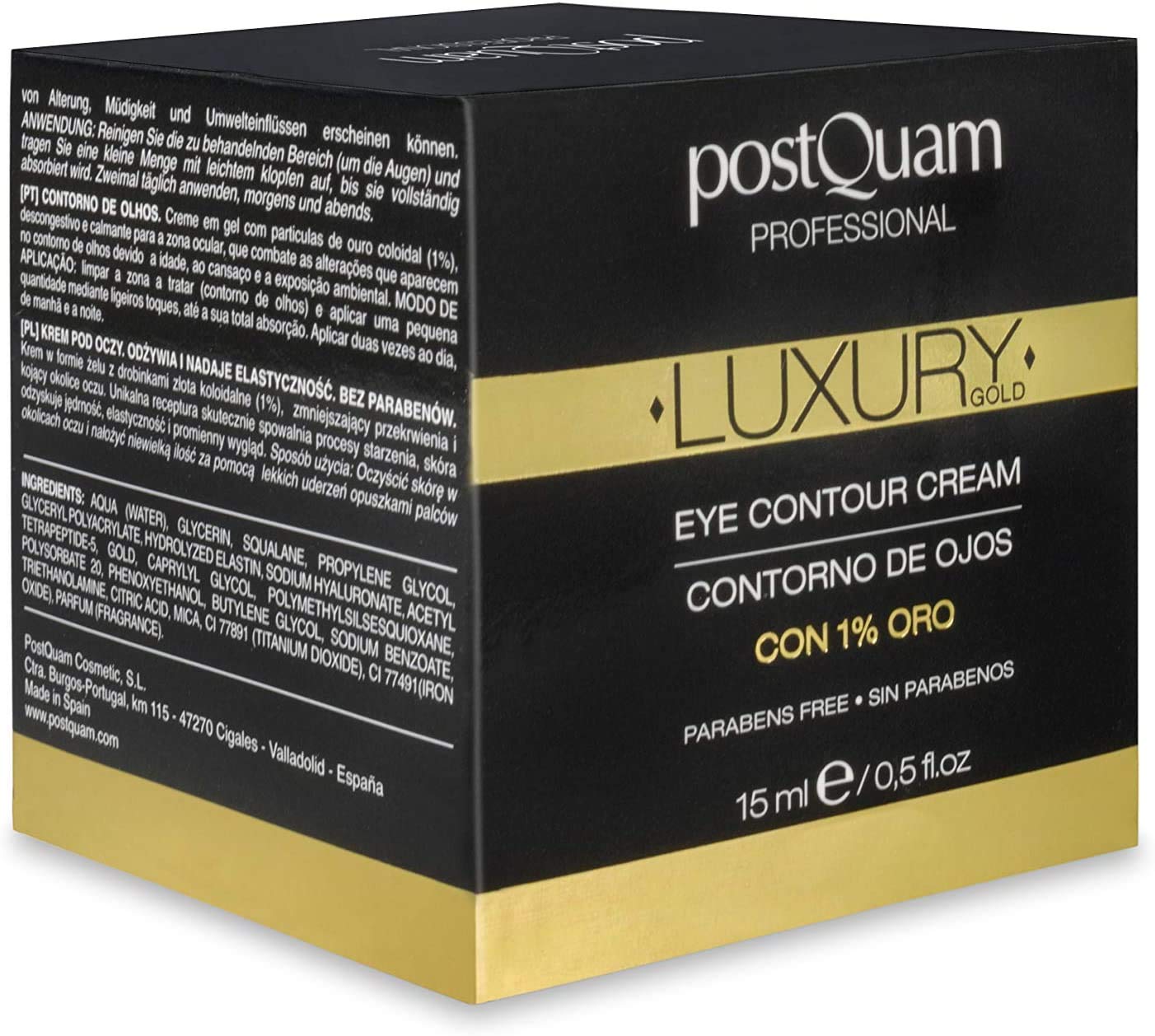 POSTQUAM Professional Luxury Gold Eye Contour Cream 15ml – Spanish Beauty - Hyaluronic Acid - Helps Minimize Wrinkles & Expression Lines - to Soothe the Eye Area - Active Ingredients