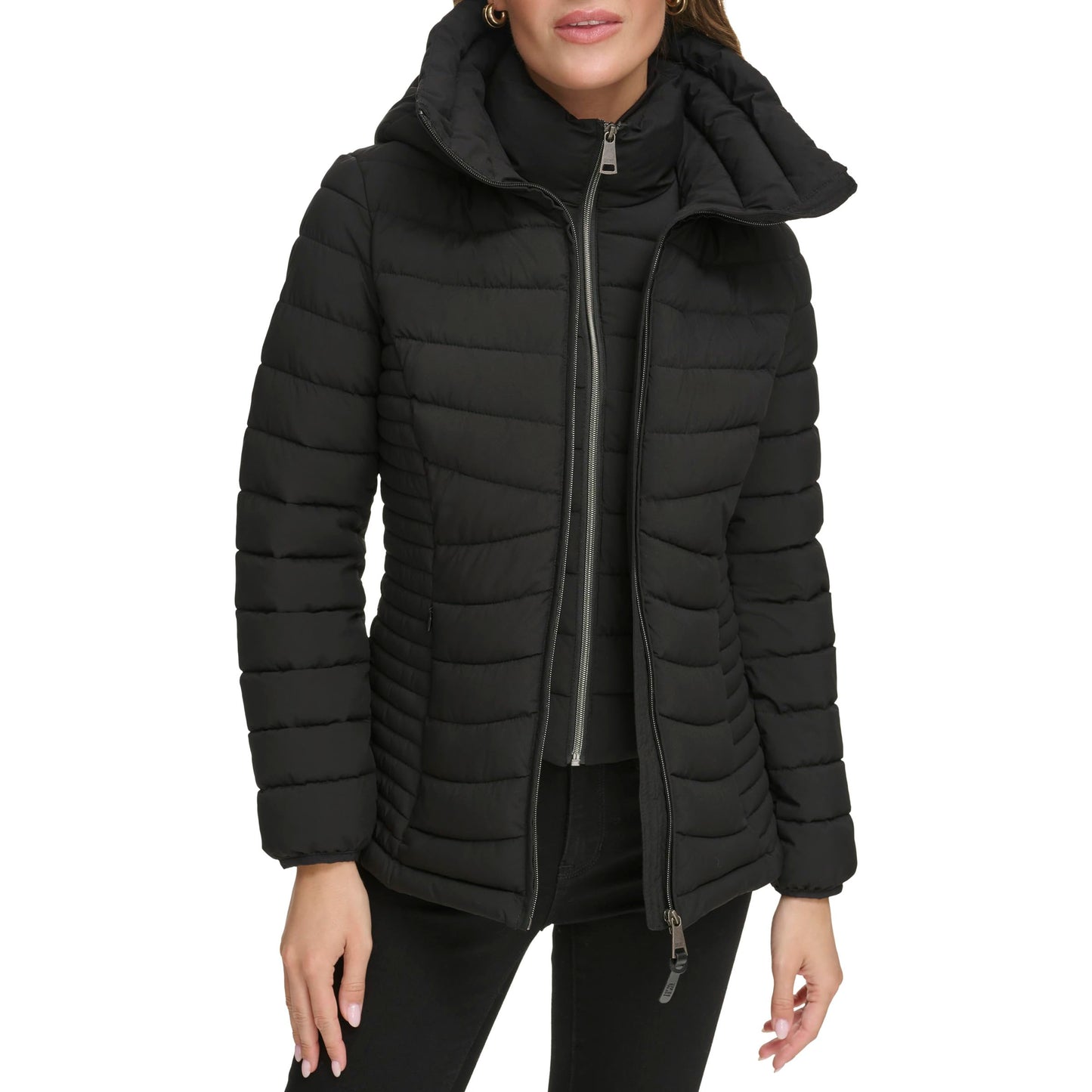 DKNY Women's Bib-Front Light-Weight Puffer, Jet Black