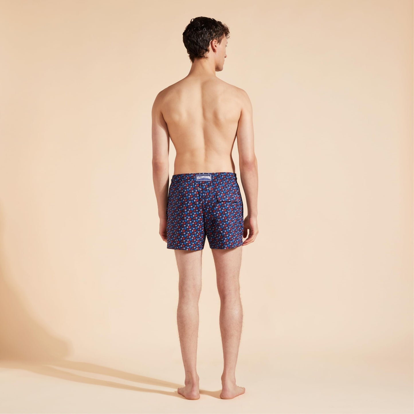 Vilebrequin Men Stretch Swim Trunks Micro Round Turtles Rainbow, L, Navy Blue