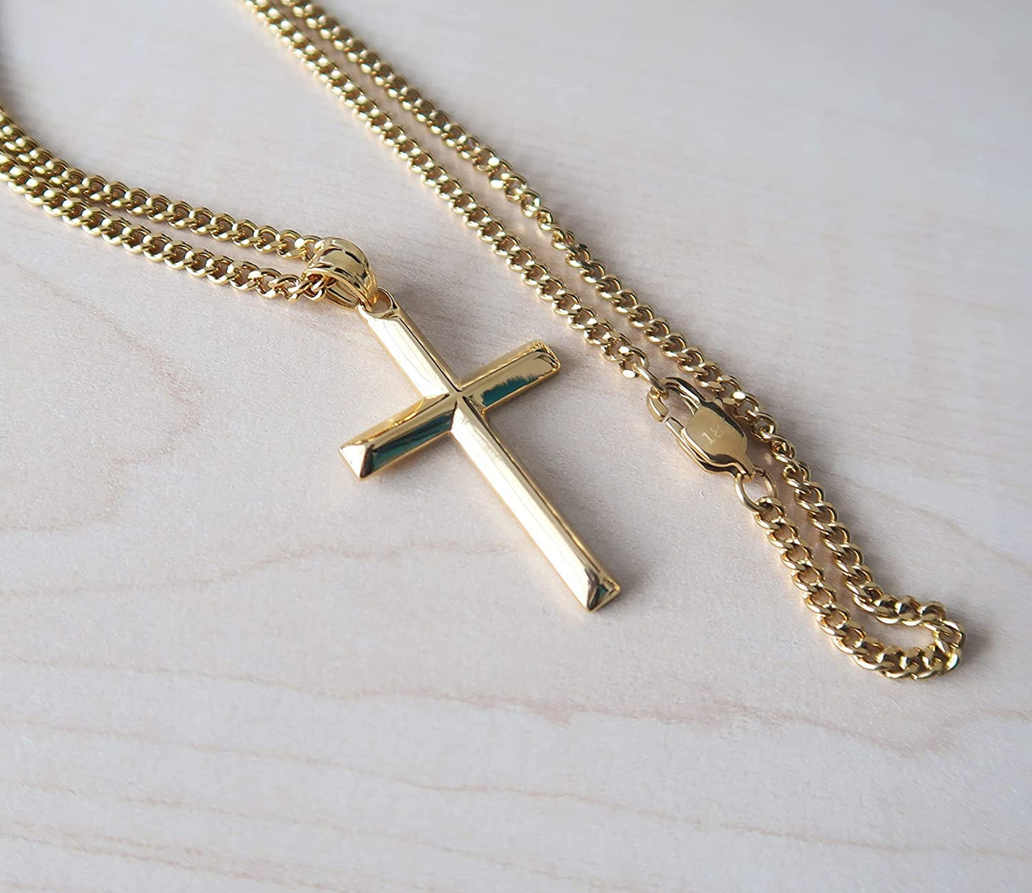 ADORATO JEWELRY 14K Gold Chain Style Cross Pendant Necklace Solid Clasp for Men, Husband Thin for Charms Miami Cuban Link Diamond Cut Religious Beveled Edge (24)