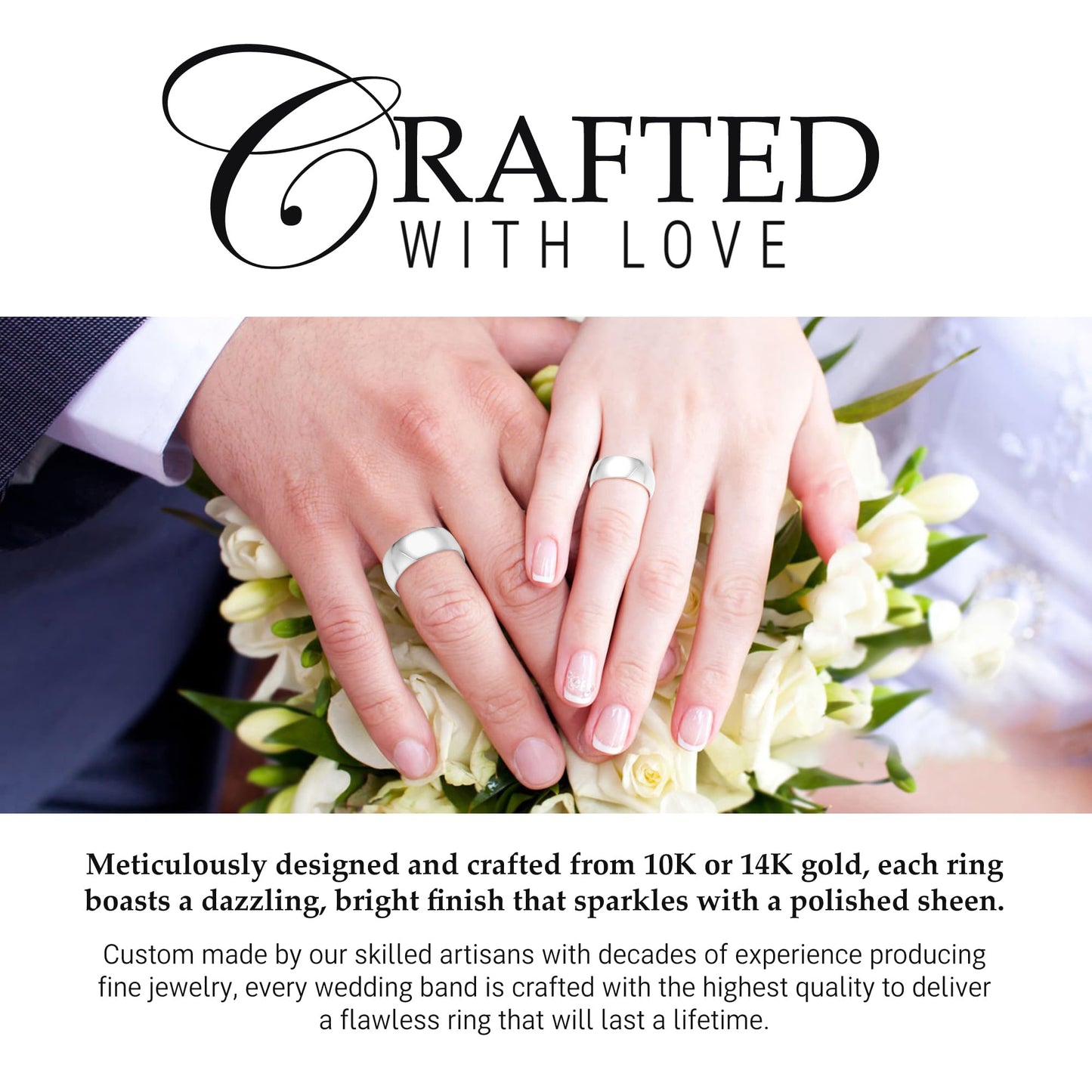 EWB Signature Jewelry Classic 8mm Solid Gold Wedding Band in 14K White Gold, Comfort Fit, Finger Size 13