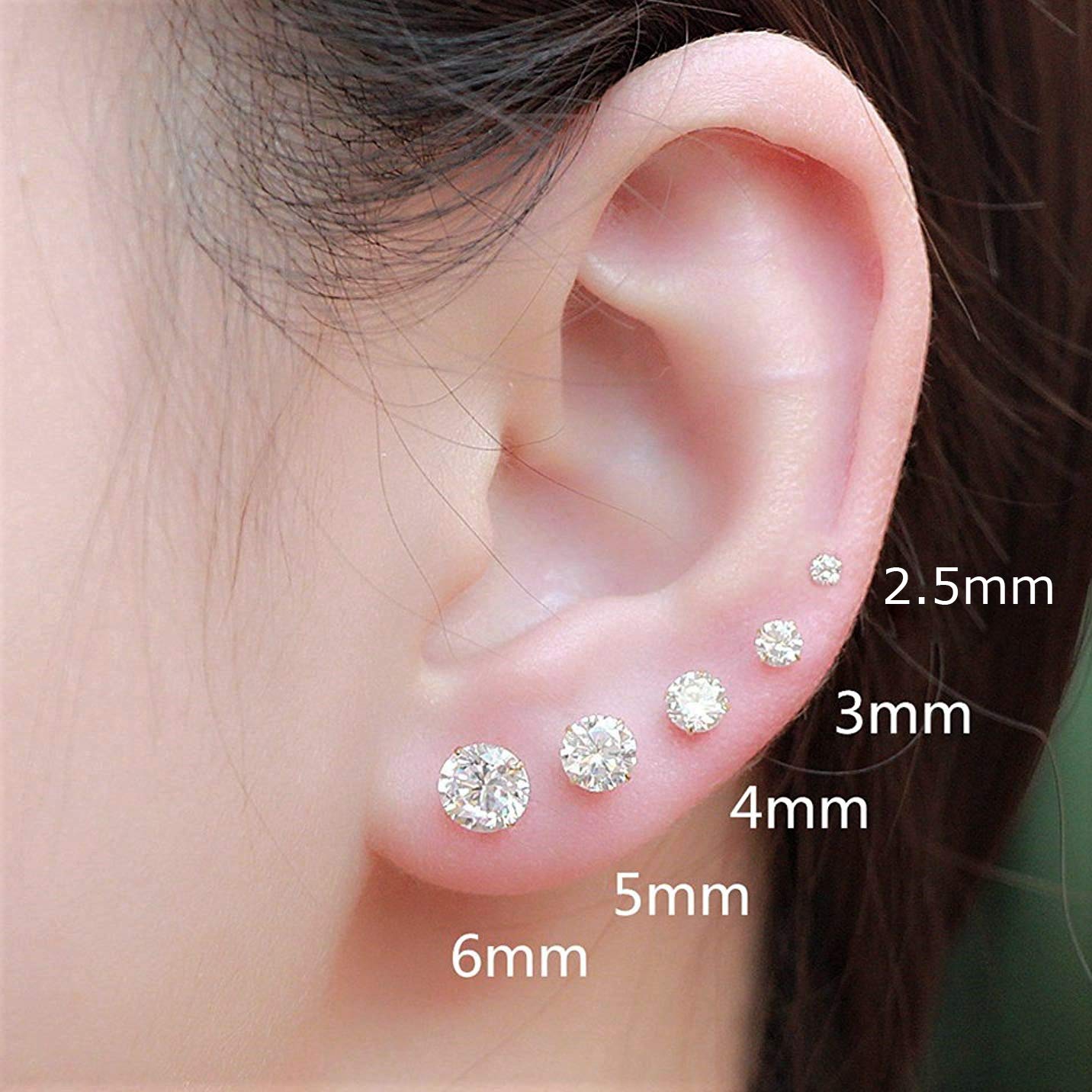 14k White Gold Round CZ Stud Earrings with Gold Butterfly Pushbacks Real Solid Gold Solitaire 14K Gold Earrings (5mm)
