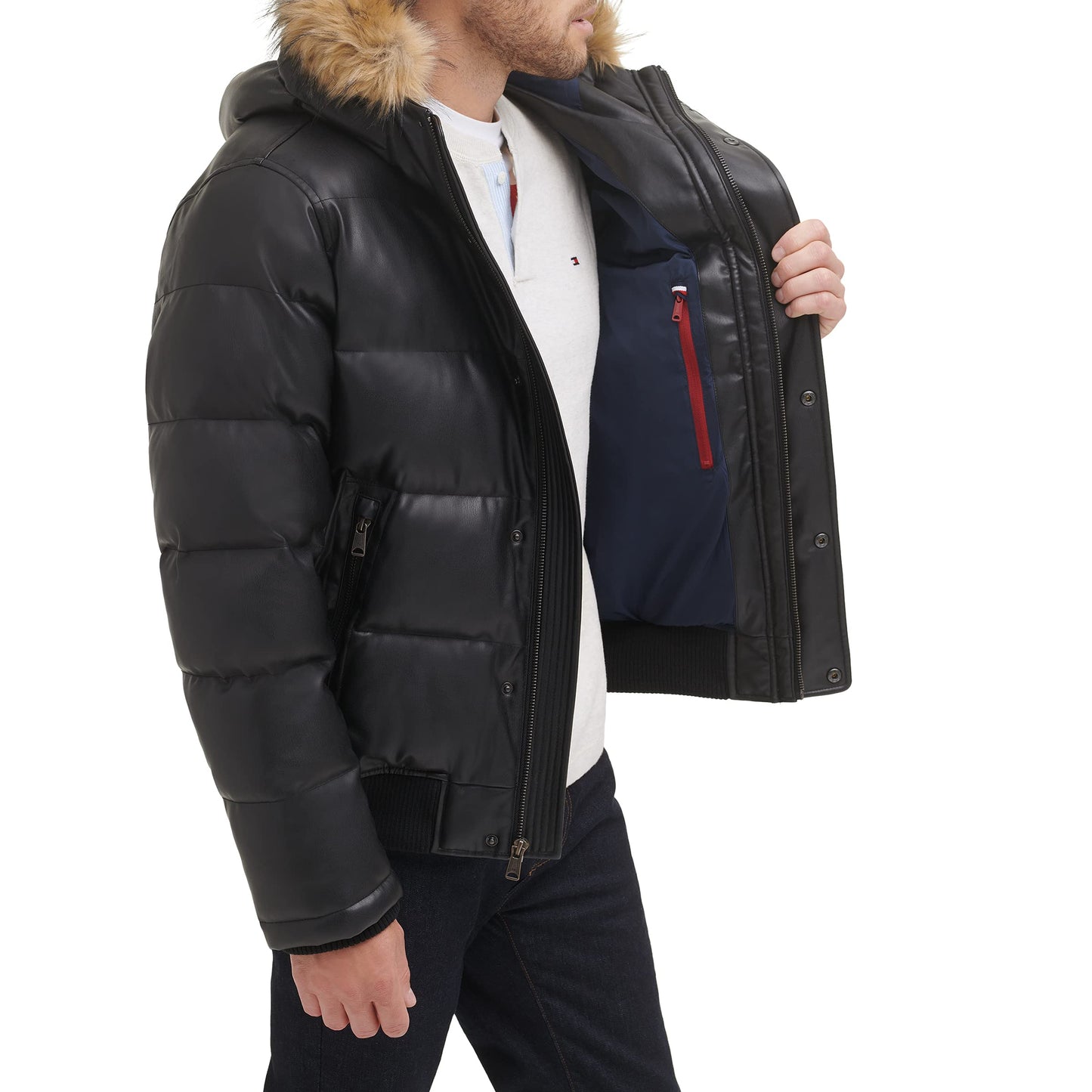 Tommy Hilfiger Men's Quilted Arctic Cloth Snorkel Bomber Jacket with Removable Hood (Standard and Big & Tall), Black Faux Leather, XX-Large