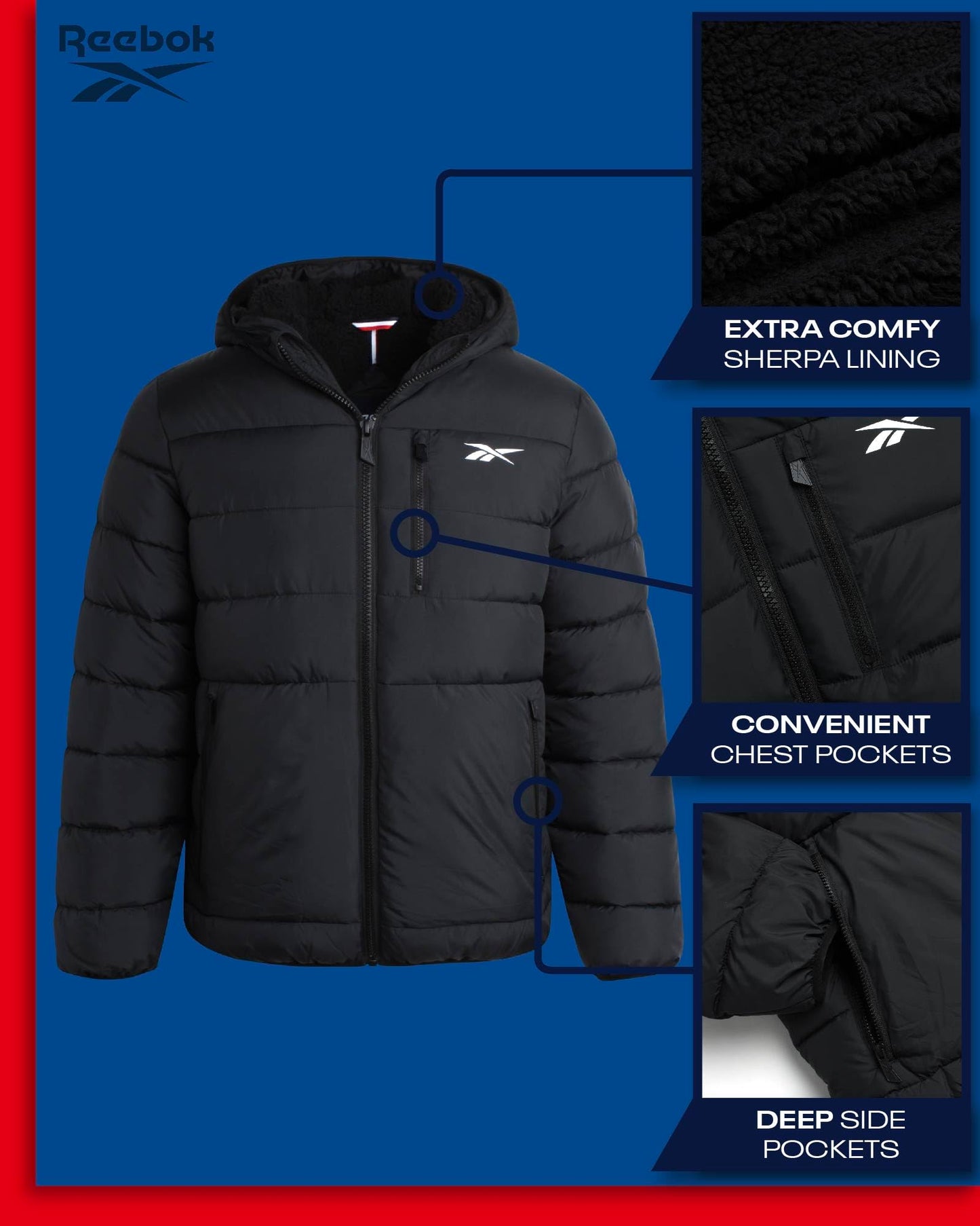 Reebok Men's Winter Jacket - Heavyweight Quilted Puffer Parka Coat - Ski Jacket for Men, Sherpa Lined Hood (S-XL), Size Large, Jet Black