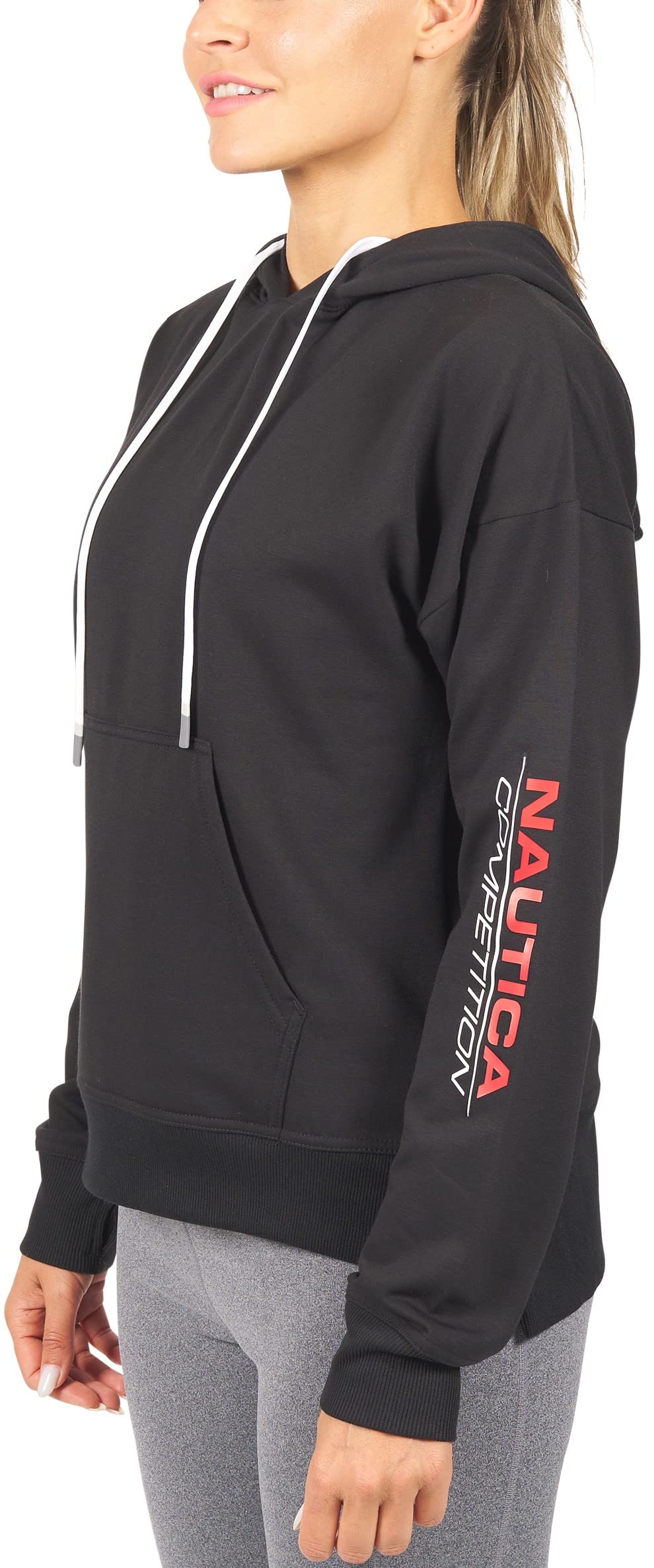 Nautica Competition Women's Active French Terry Pullover Sweatshirt Hoodie W/Pockets (Large, Black 2)