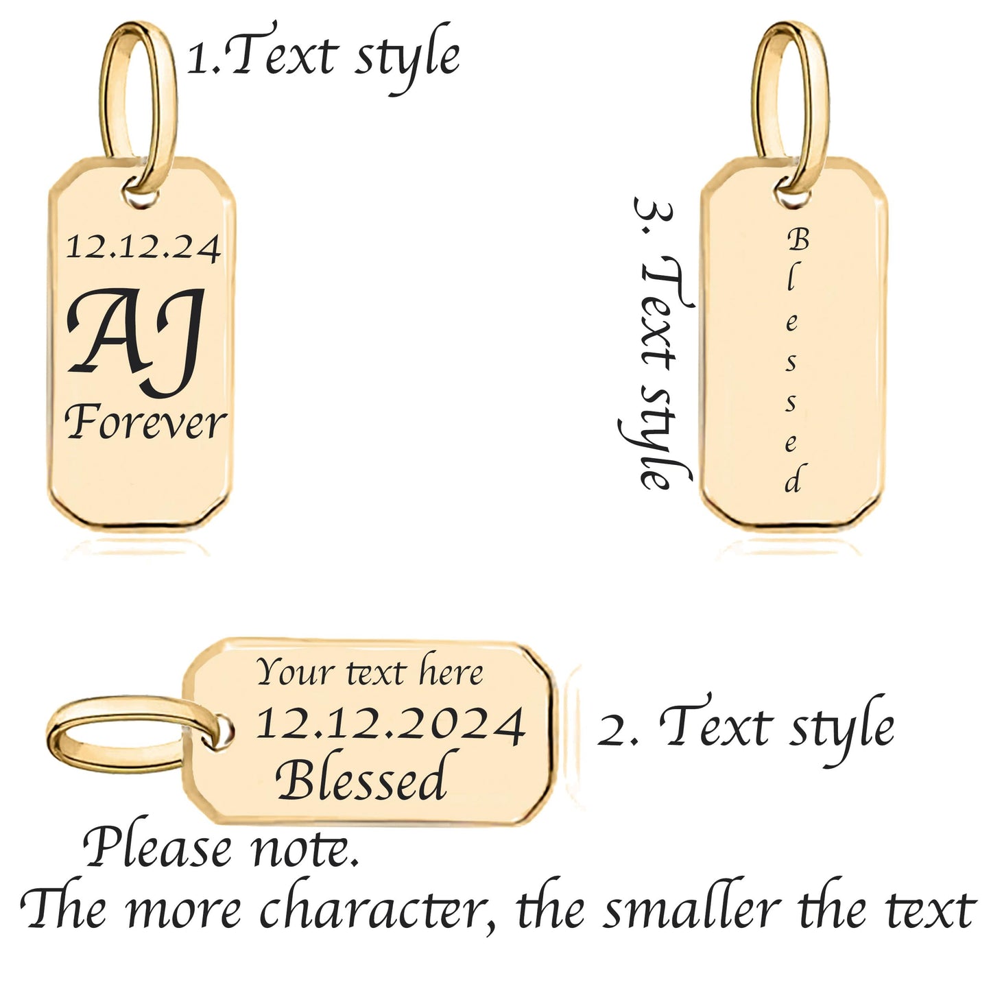 Solid 14K Gold Pendant Initial Personalised Monogram Name Engraved Jewelry Gift for Women Round Tag Medallion Rectangle Charm for Necklace