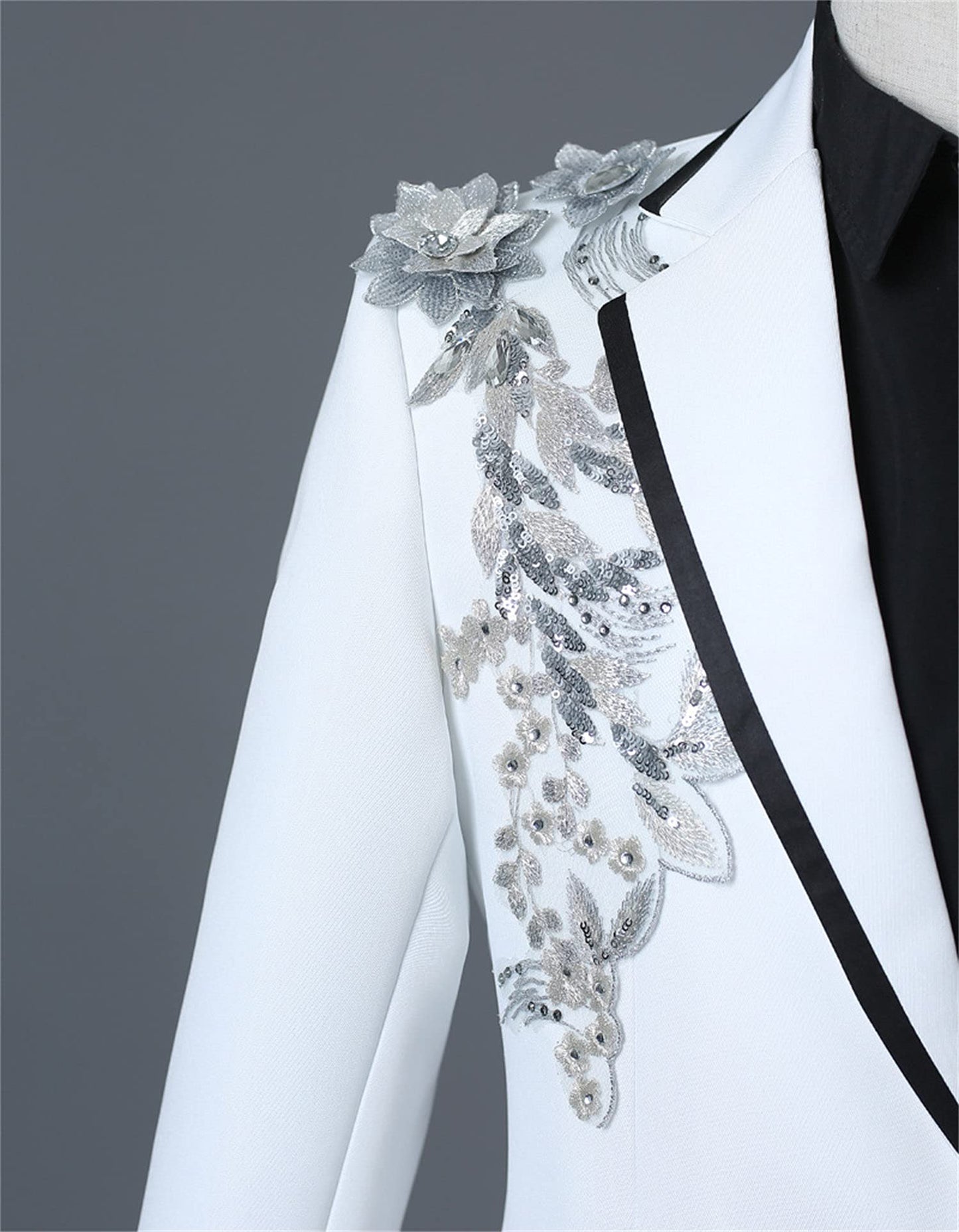 Mens 2 Pieces Luxury Embroidered Suits 1 Button Print Dinner Tuxedo Jacket Prom Wedding Elegant Blazer Dress Suit (Medium,White)