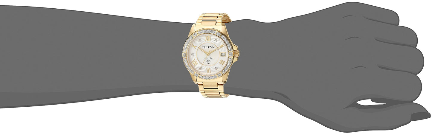 Bulova Ladies' Marine Star Diamond Gold Tone Stainless Steel 3-Hand Quartz Watch, White Mother-of-Pearl Dial and Sapphire Crystal Style: 98R235