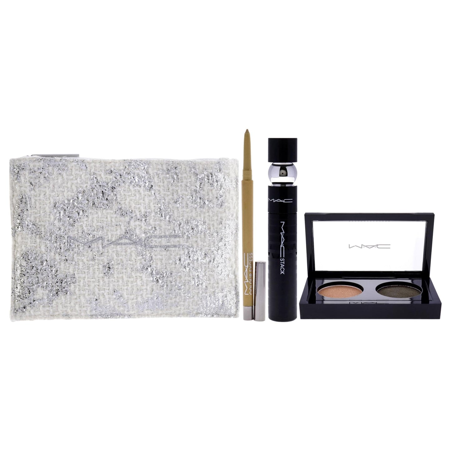 MAC Snowtrance Eye Kit for Women - 4 Pc 0.1oz Eye Shadow Duo, 0.41oz M-A-C Stack Mascara - Black, 0.01oz M-A-C Colour Excess Gel Pencil Eye Liner - Gold Goals, Pouch