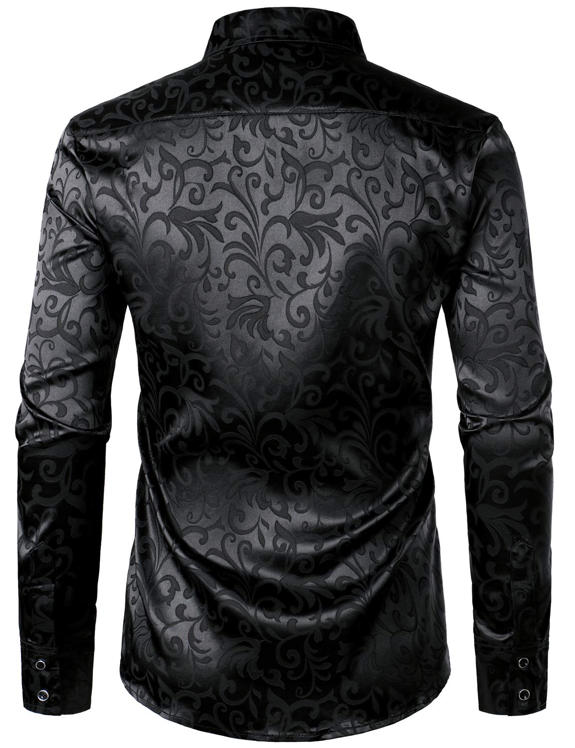 ZEROYAA Men's Luxury Jacquard Long Sleeve Dress Shirt Shiny Satin Slik Like Wedding Party Prom Shirts ZLCL27-Black Large