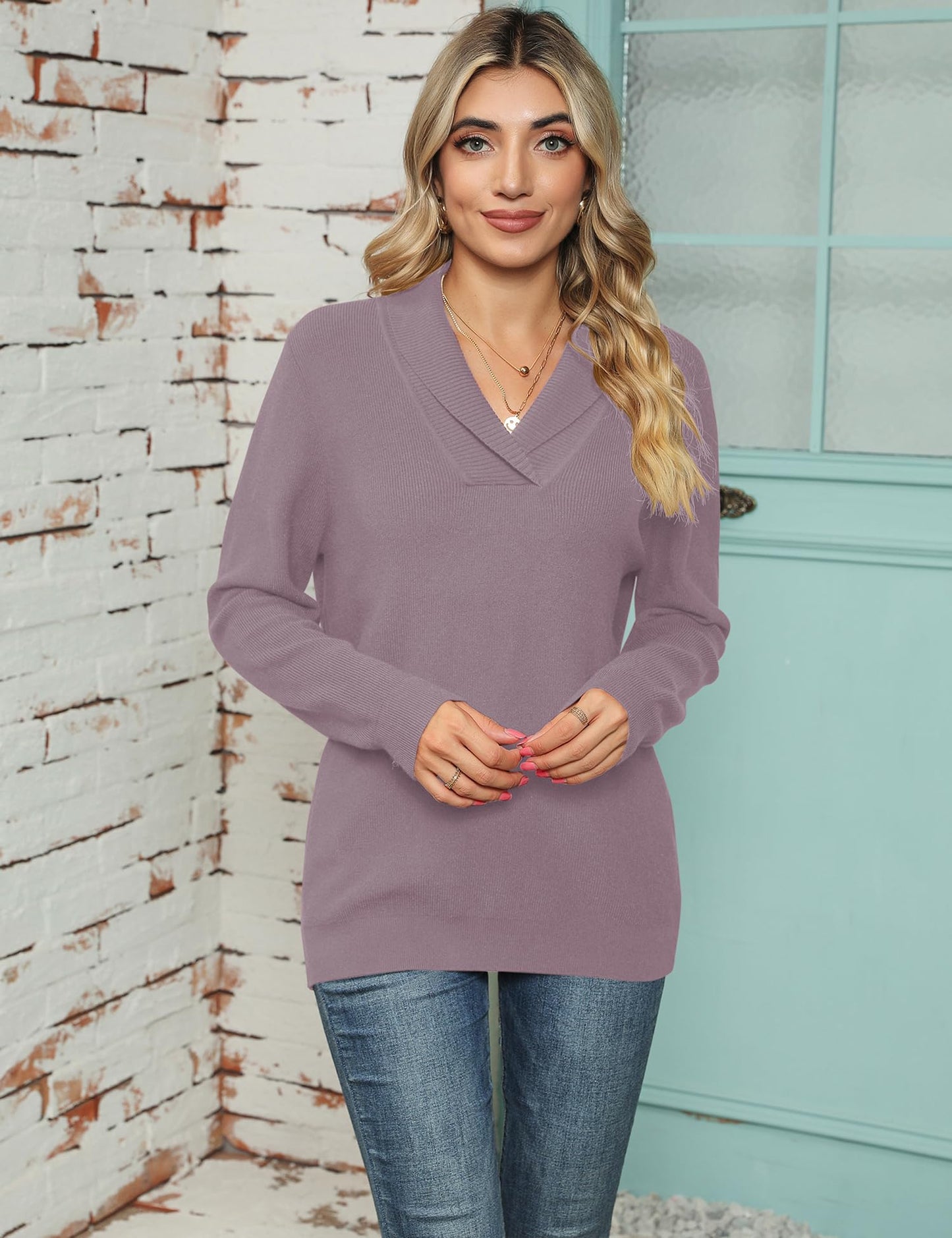 Ivicoer Women's Sweaters V Neck Pullover Long Sleeve Shawl Collared Ladies Knitted Casual Tops Fall Winter Dressy Polo Trendy