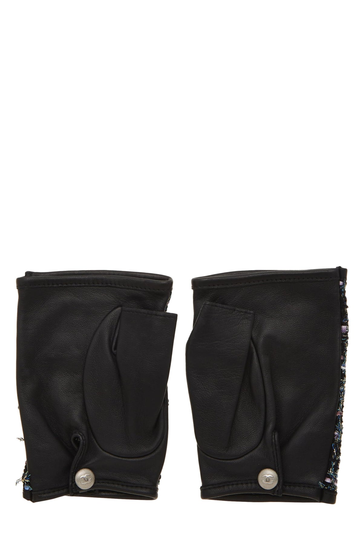 Chanel, Pre-Loved Black Lambskin & Multicolor Tweed Fingerless Gloves, Multi