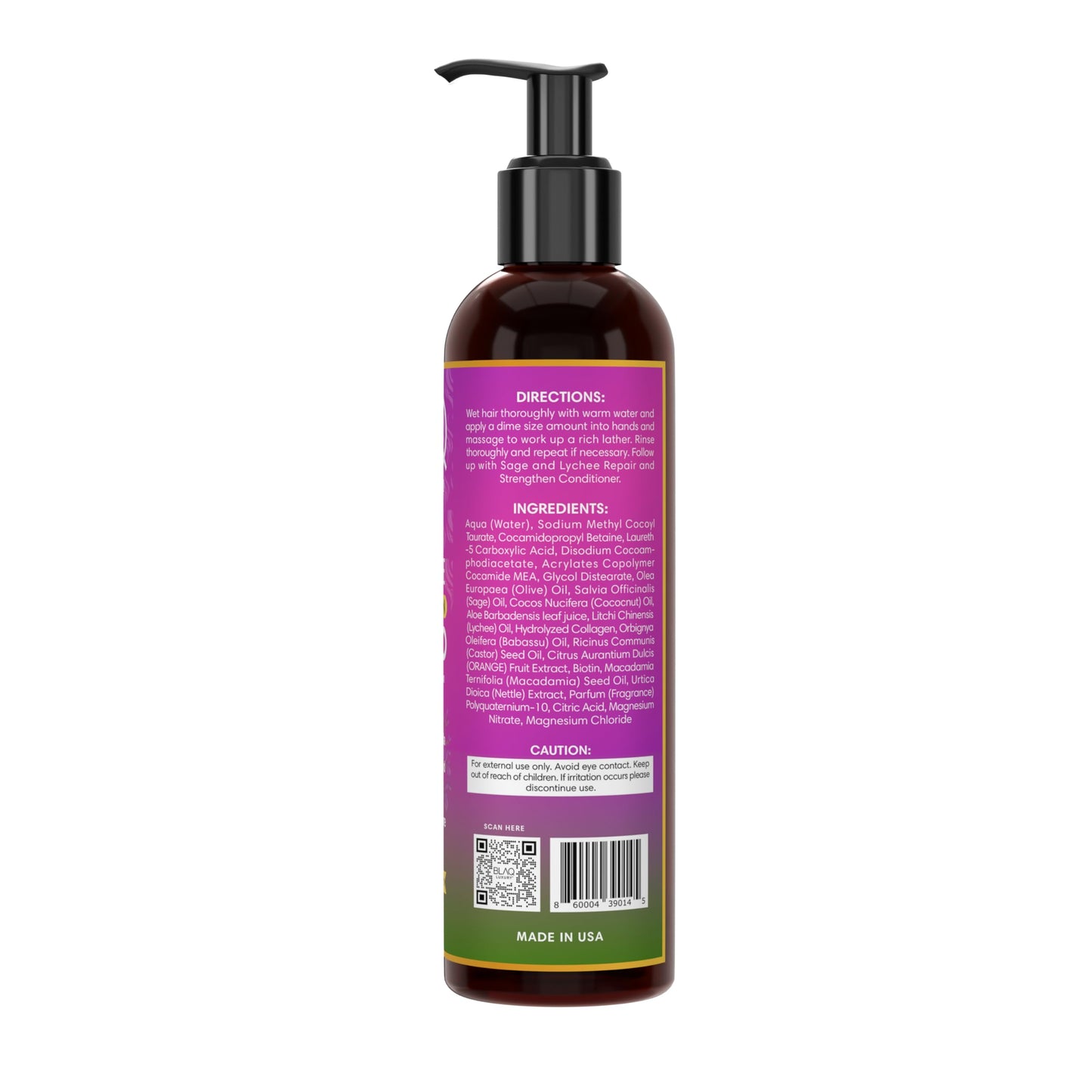 Blaq Luxury Sage & Lychee Repair and Strengthen Shampoo - Infused with Biotin and Nettle - Sulfate-Free Formula for All Hair Types - Promotes Hair Repair, Growth, and Scalp Health - 12 fl oz