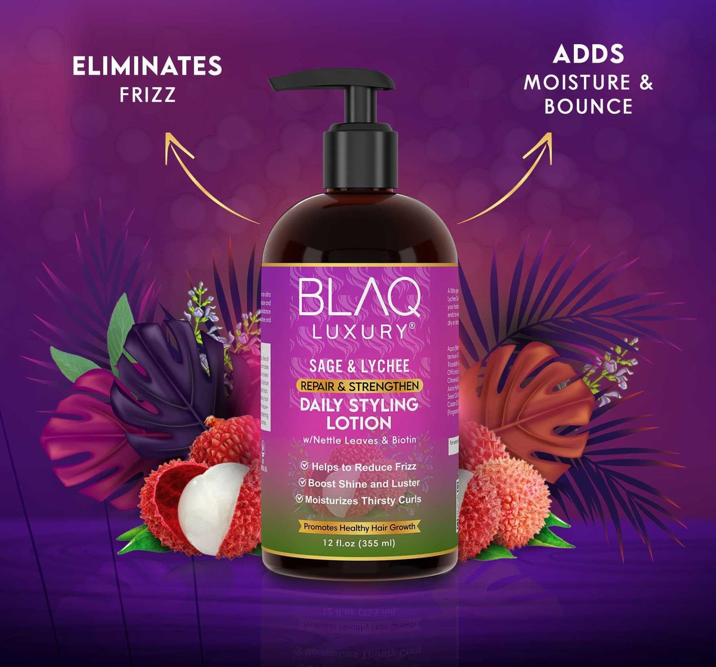 Blaq Luxury Sage & Lychee Daily Styling Lotion - Formula for Easy Styling and Frizz Control - Infused with Biotin and Natural Botanicals - Promotes Hair Repair, Growth, and Manageability - 12oz