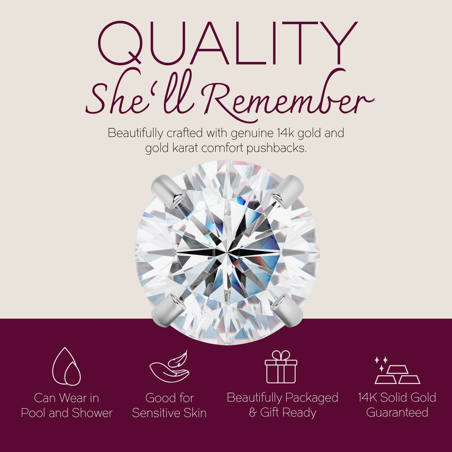 14k White Gold Round CZ Stud Earrings with Gold Butterfly Pushbacks Real Solid Gold Solitaire 14K Gold Earrings (5mm)