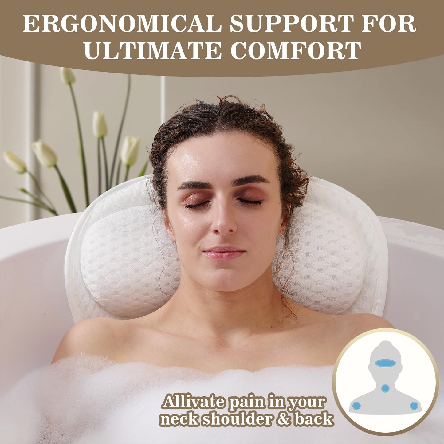 Bath Pillow Luxury Bathtub Pillow, Extra Soft & Comfortable Bath Pillows for Tub Head Neck and Back Support, with 4D Air Mesh Cushions & Non-Slip Suction Cups - Bath Accessories Spa Gifts for Women