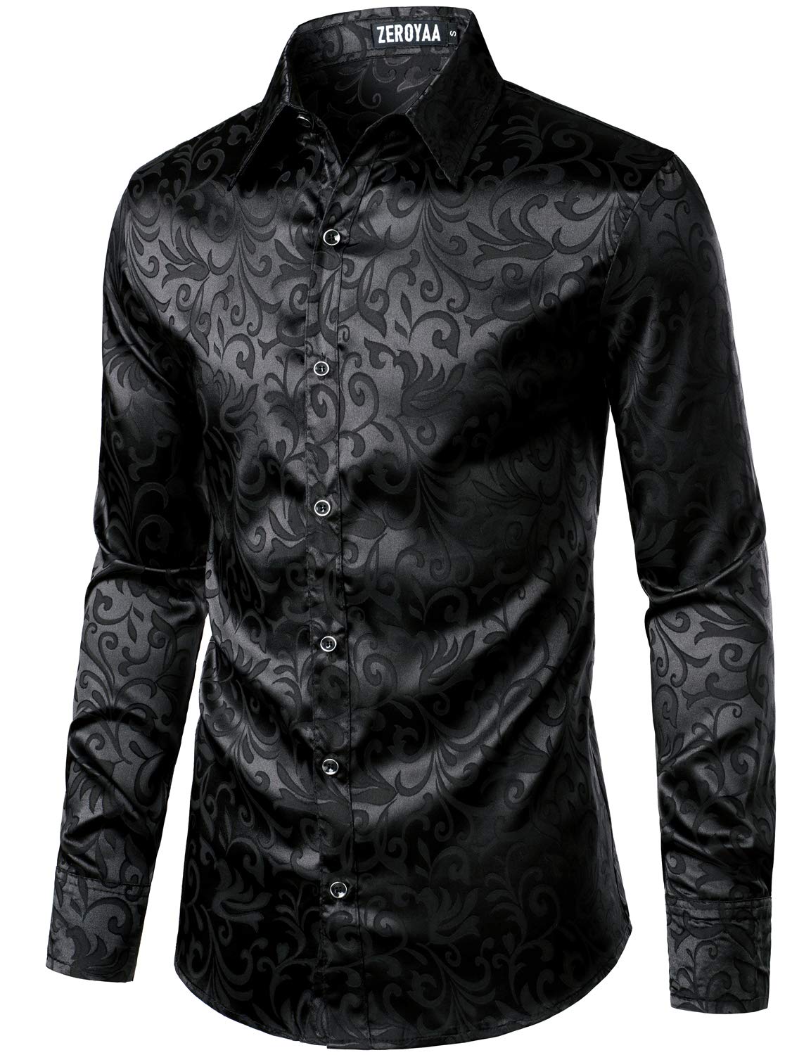 ZEROYAA Men's Luxury Jacquard Long Sleeve Dress Shirt Shiny Satin Slik Like Wedding Party Prom Shirts ZLCL27-Black Large