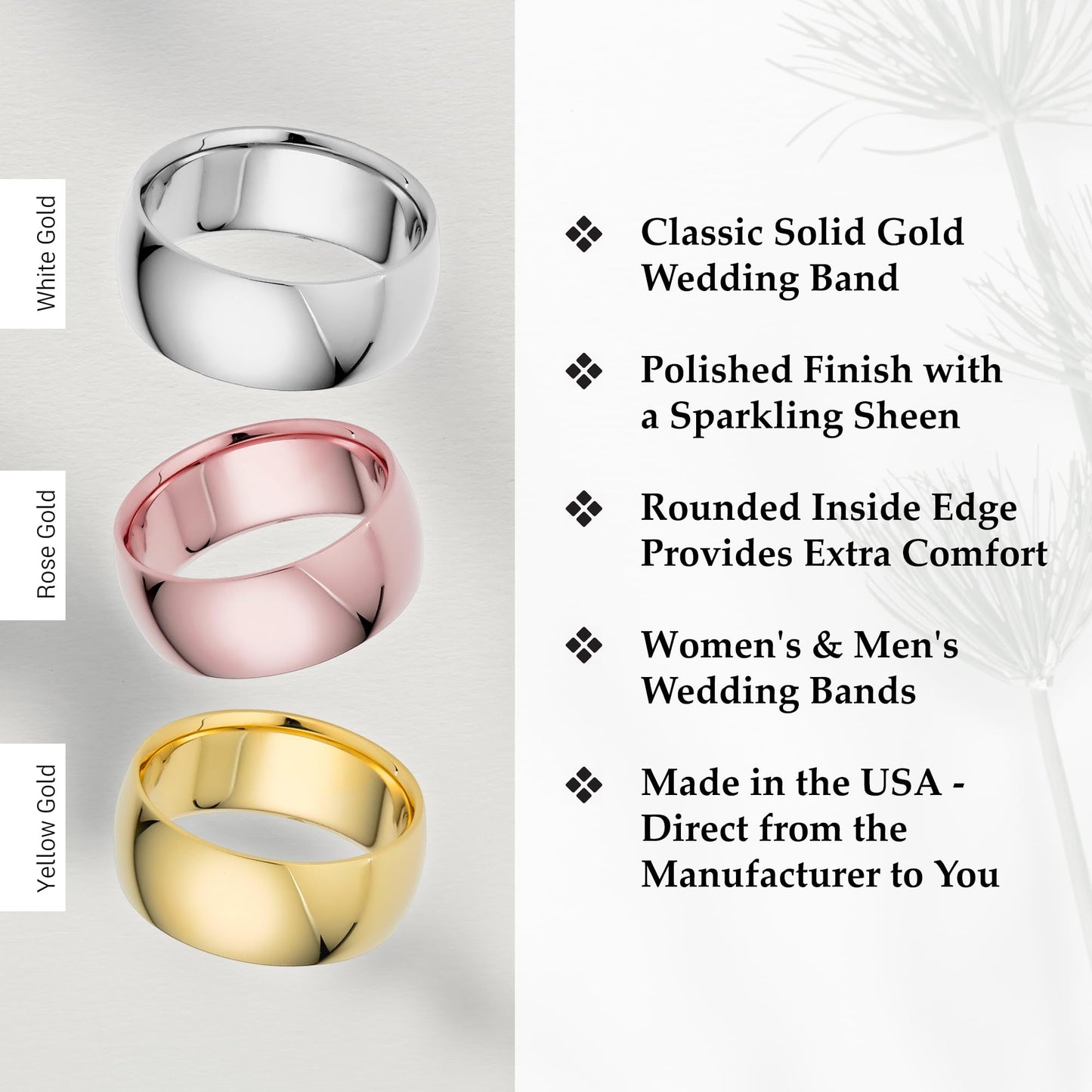 EWB Signature Jewelry Classic 8mm Solid Gold Wedding Band in 14K White Gold, Comfort Fit, Finger Size 13