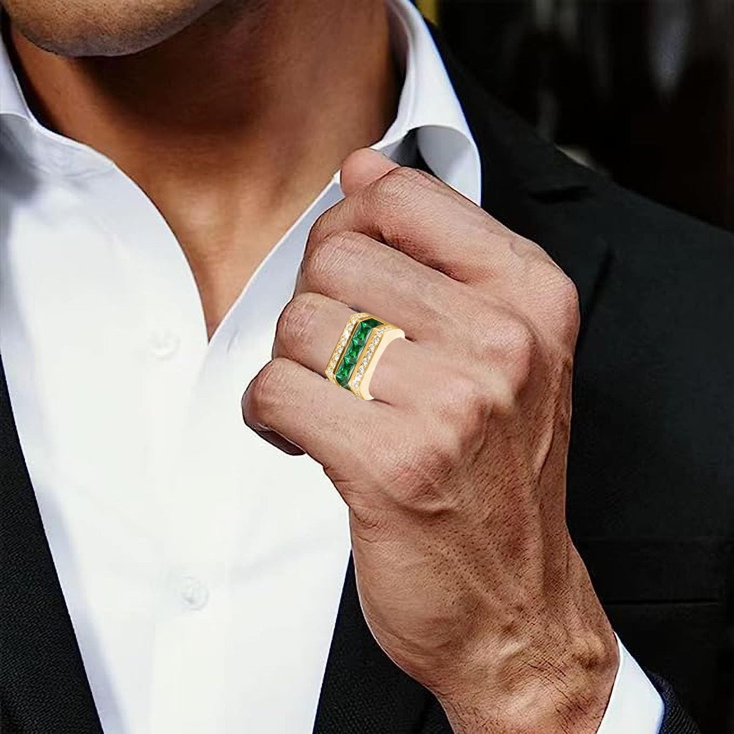 PYTALI Channel Emerald Gold Ring for Men 9K 10K 14K 18K Solid Yellow Gold Men's Ring Moissanite Engagement Band Ring for Men Boyfriend Husband Engagement Wedding Anniversary Size 4 to 16