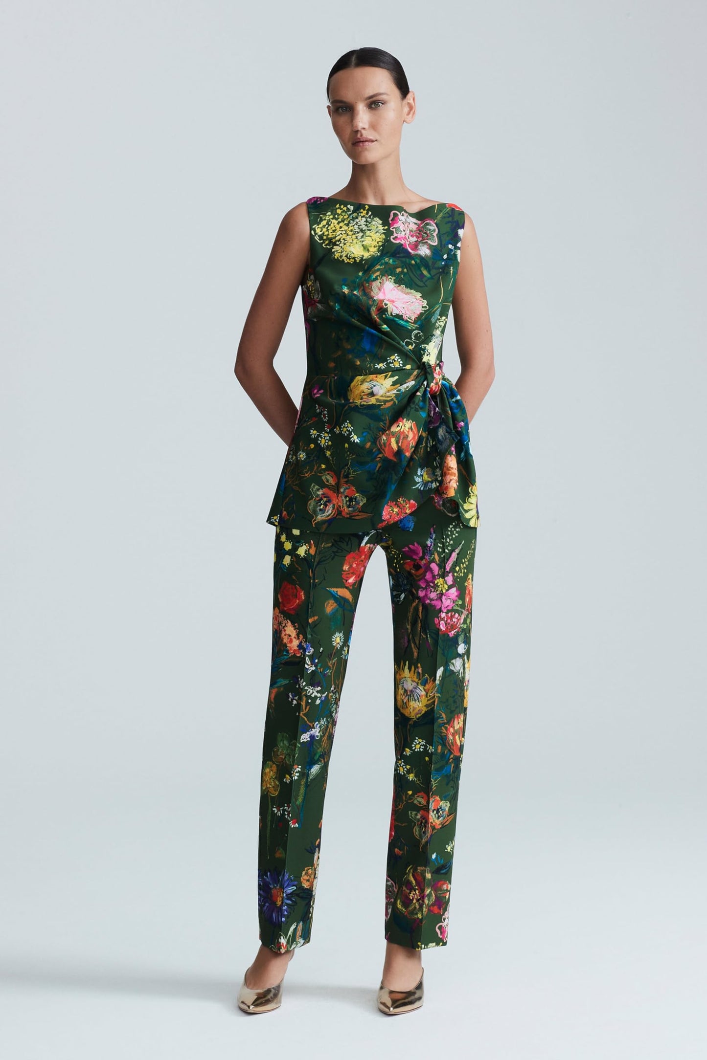 Printed Crepe Boat Neck Ruched Top, 12, Moss
