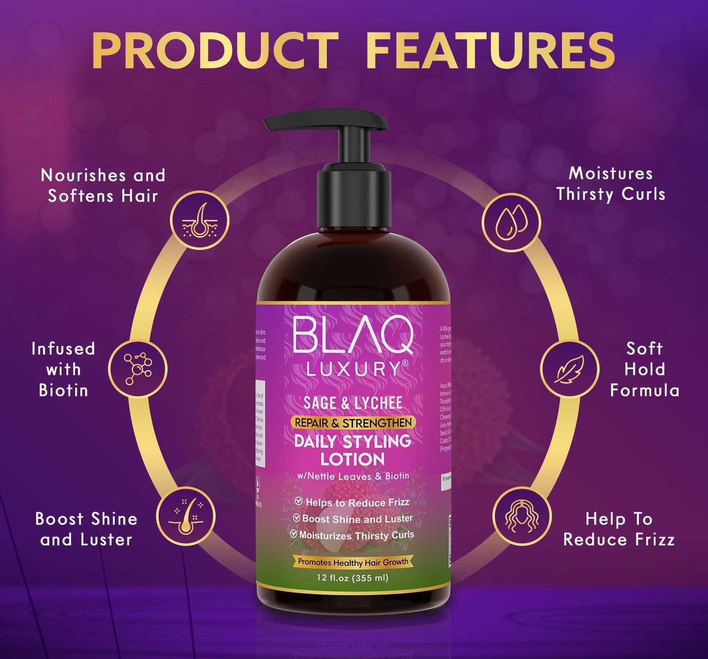 Blaq Luxury Sage & Lychee Daily Styling Lotion - Formula for Easy Styling and Frizz Control - Infused with Biotin and Natural Botanicals - Promotes Hair Repair, Growth, and Manageability - 12oz