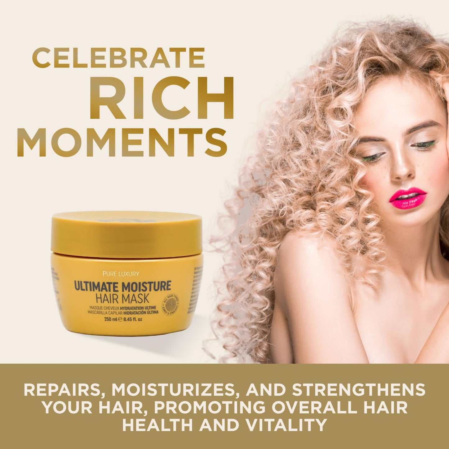 RICH Pure Luxury Ultimate Moisture Hair Mask for Dry & Damaged Hair - Deep Conditioning & Moisturizing Hair Repair Treatment - Marula Oil & Cherry Blossom - 8.45 oz