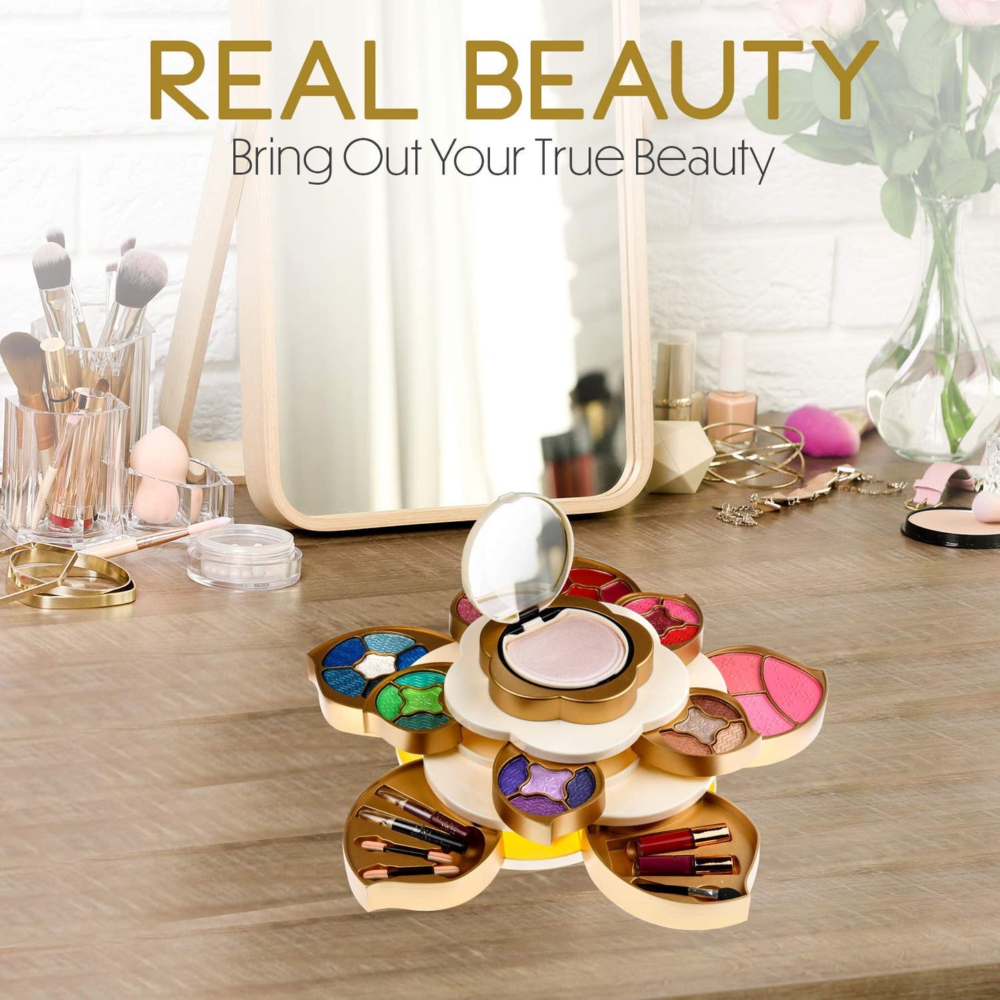 CoralBeau All In One Makeup Kit for Women and Teens - Flower Makeup Set for Girls with Pigmented Eyeshadows, Lip Creams, Blushes, Concealer and Mirror - Full Starter Makeup Gift Set for Beginners