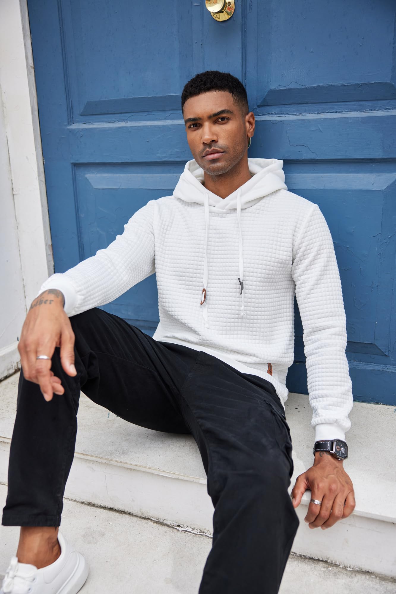 COOFANDY Mens Long Sleeve Drawstring Plaid Jacquard Hooded Sweatshirt, White, Medium