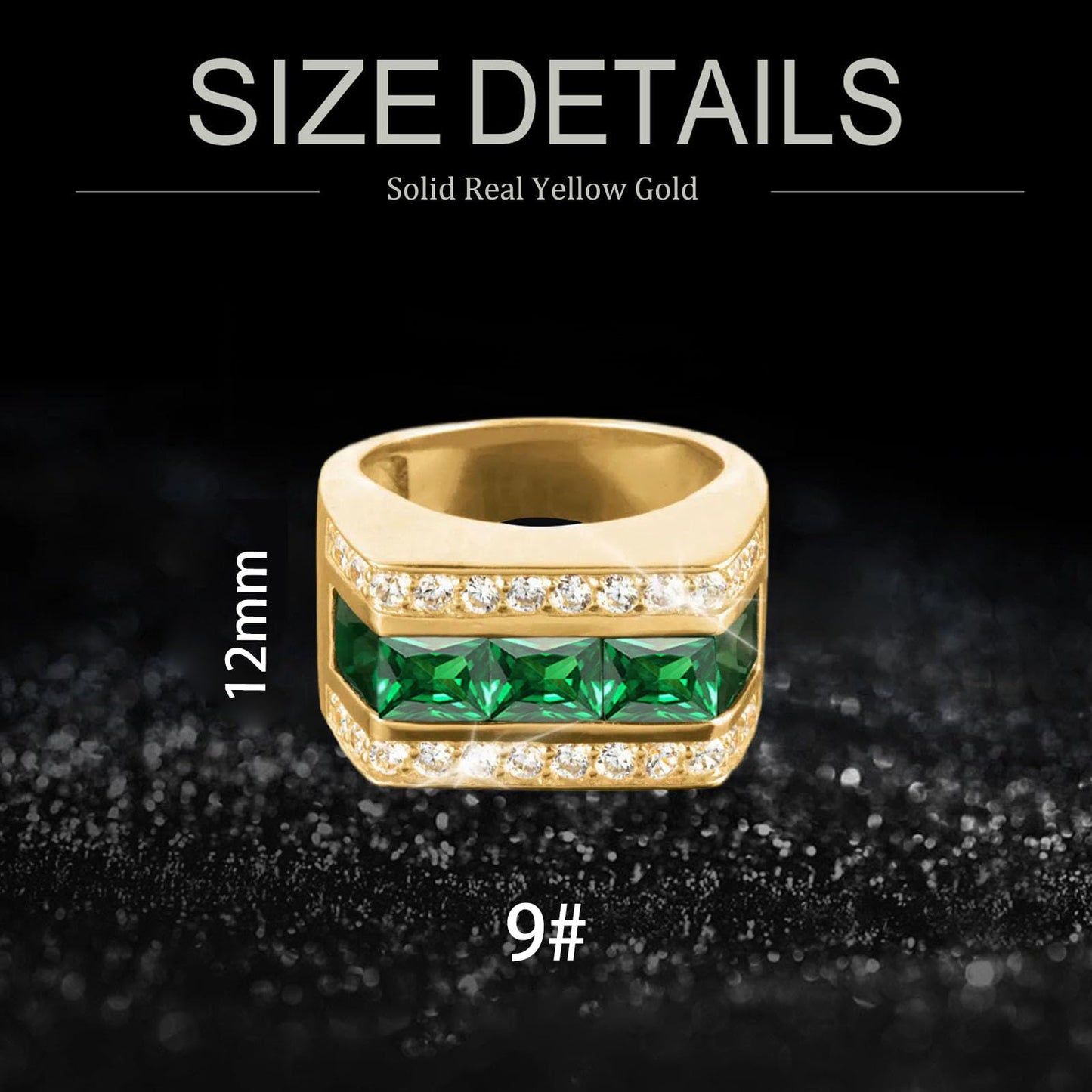 PYTALI Channel Emerald Gold Ring for Men 9K 10K 14K 18K Solid Yellow Gold Men's Ring Moissanite Engagement Band Ring for Men Boyfriend Husband Engagement Wedding Anniversary Size 4 to 16