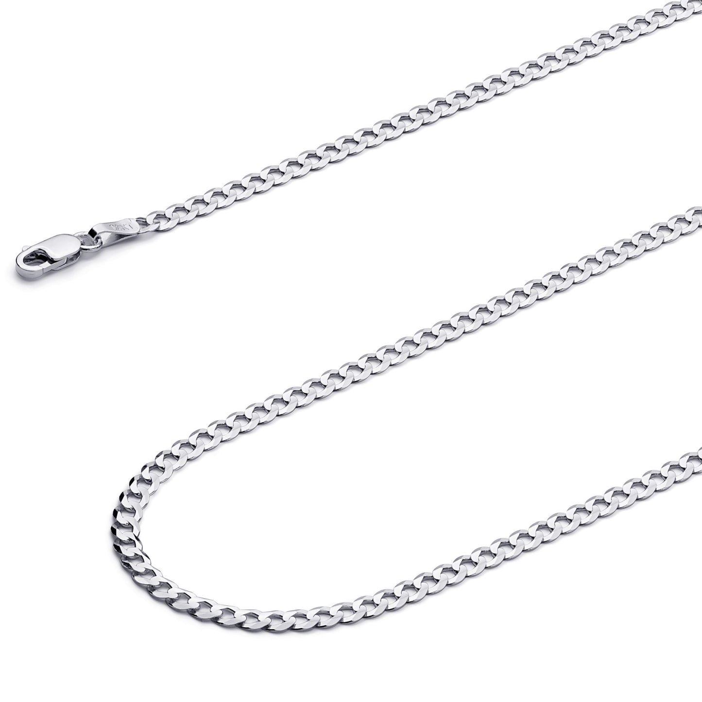 14k REAL White Gold Solid 2.5mm Cuban Concave Curb Chain Bracelet with Lobster Claw Clasp - 7"