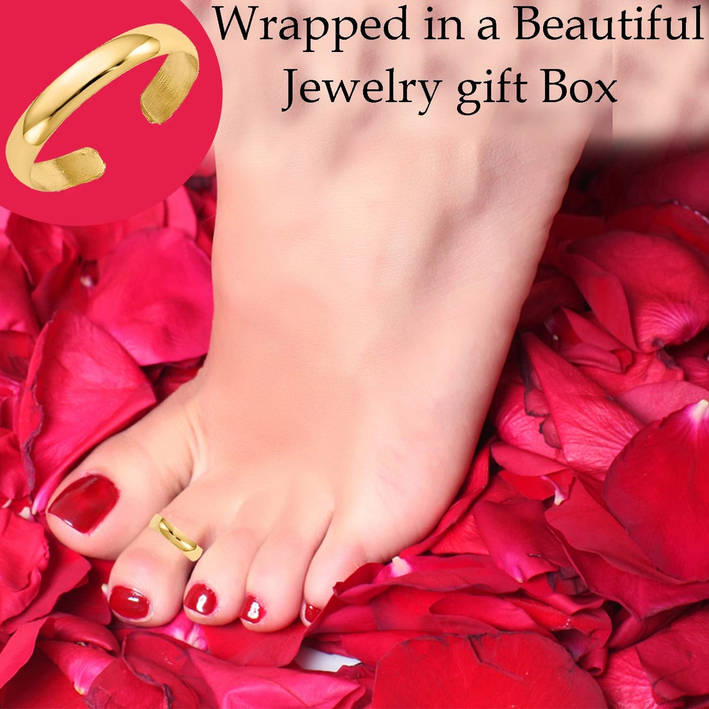 Jewelryweb - Solid 14k Yellow Gold 3mm Classic Polished Adjustable Toe Ring - Toe Ring for Woman - Non Tarnish Toe Ring - Solid Gold Boho Toe Ring