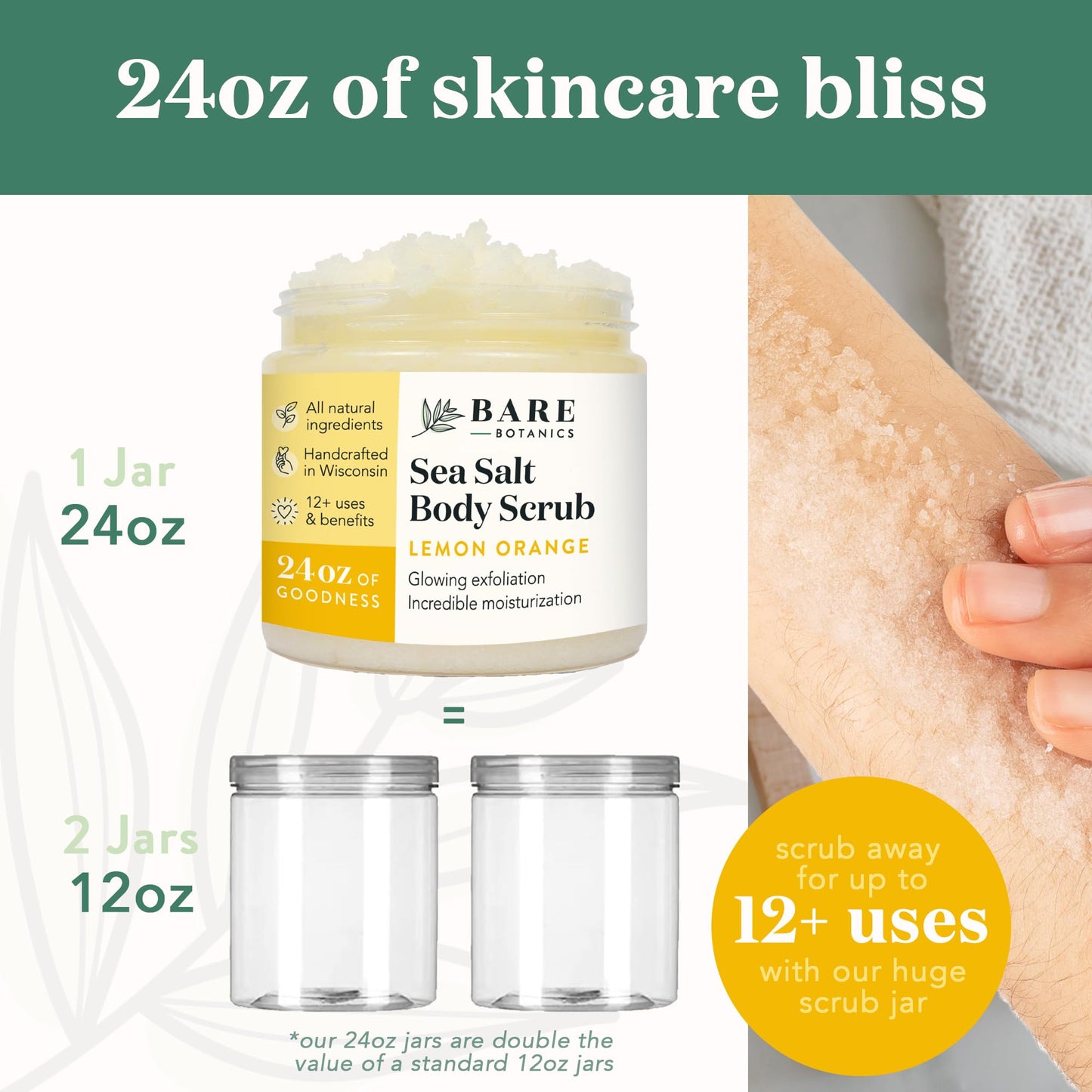 Bare Botanics Lemon Orange Body Scrub 24oz | Made in Madison, WI | All Natural Sea Salt Exfoliator w/ Skin Loving Moisturizers | Vegan & Cruelty Free | Gift Ready Packaging w/ a Cute Wooden Spoon