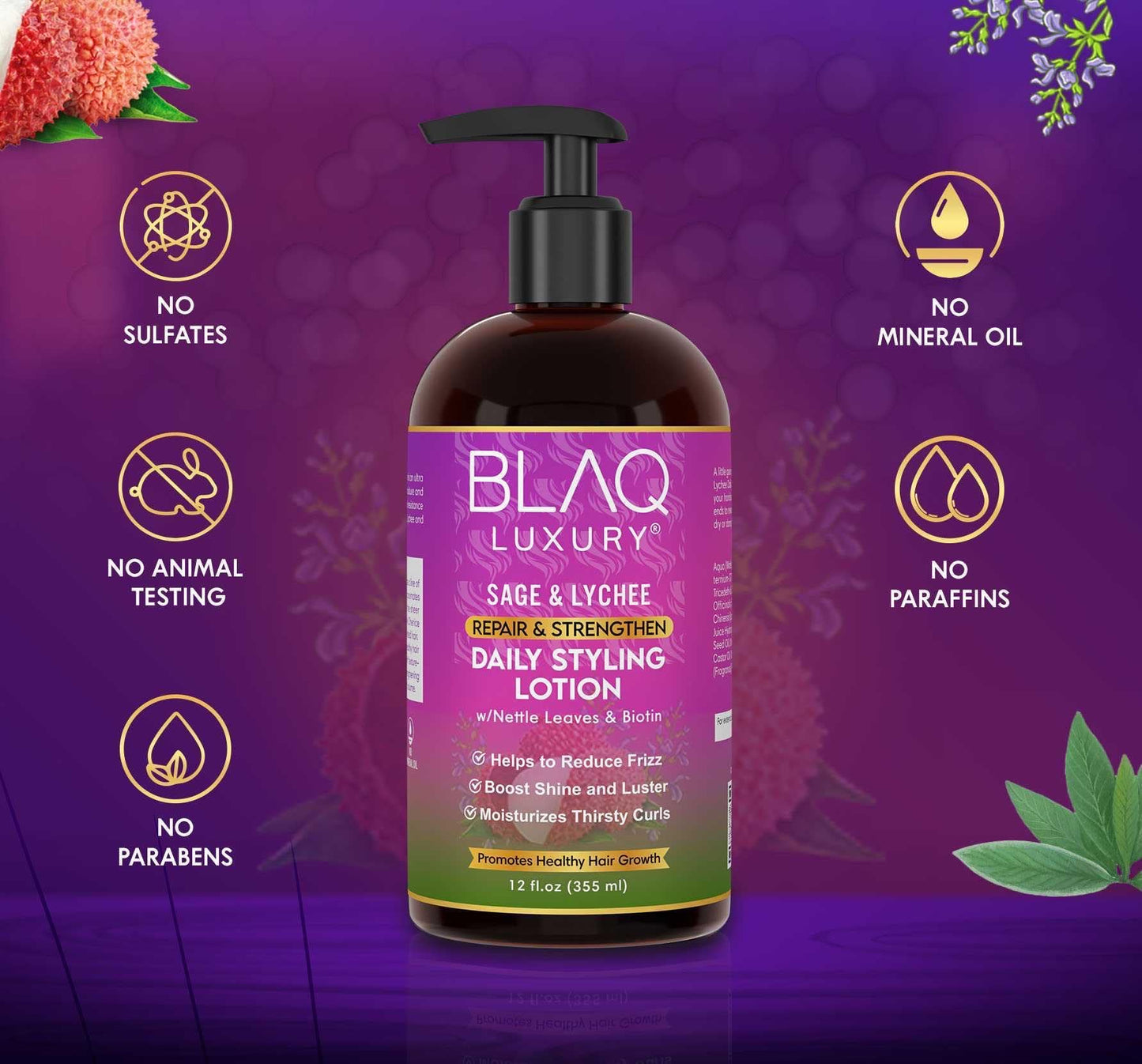 Blaq Luxury Sage & Lychee Daily Styling Lotion - Formula for Easy Styling and Frizz Control - Infused with Biotin and Natural Botanicals - Promotes Hair Repair, Growth, and Manageability - 12oz