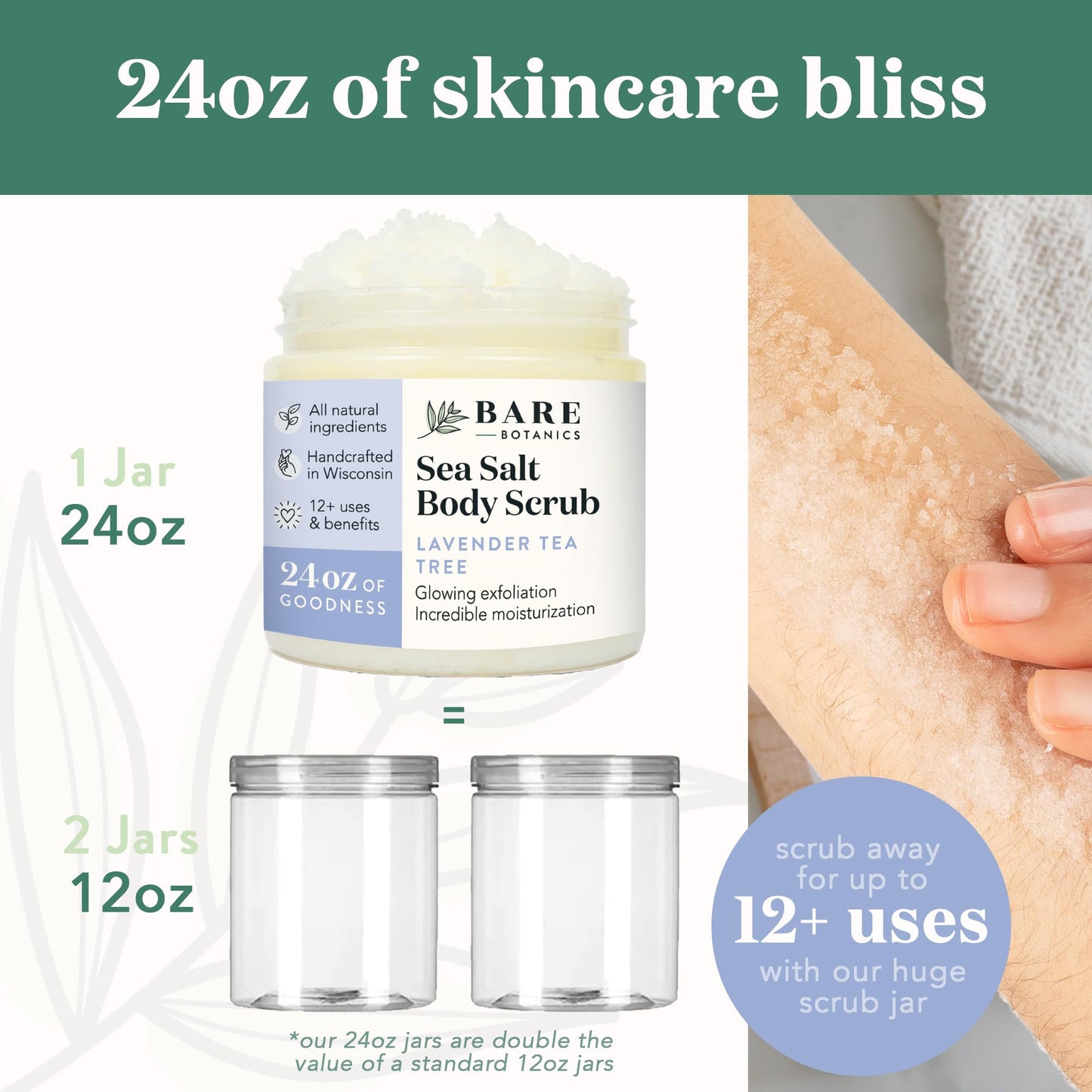 Bare Botanics Lavender Tea Tree Body Scrub 24oz | Made in Madison, WI | All Natural Sea Salt Exfoliator w/ Skin Loving Moisturizers | Vegan & Cruelty Free | Gift Ready Packaging w/ a Cute Wooden Spoon