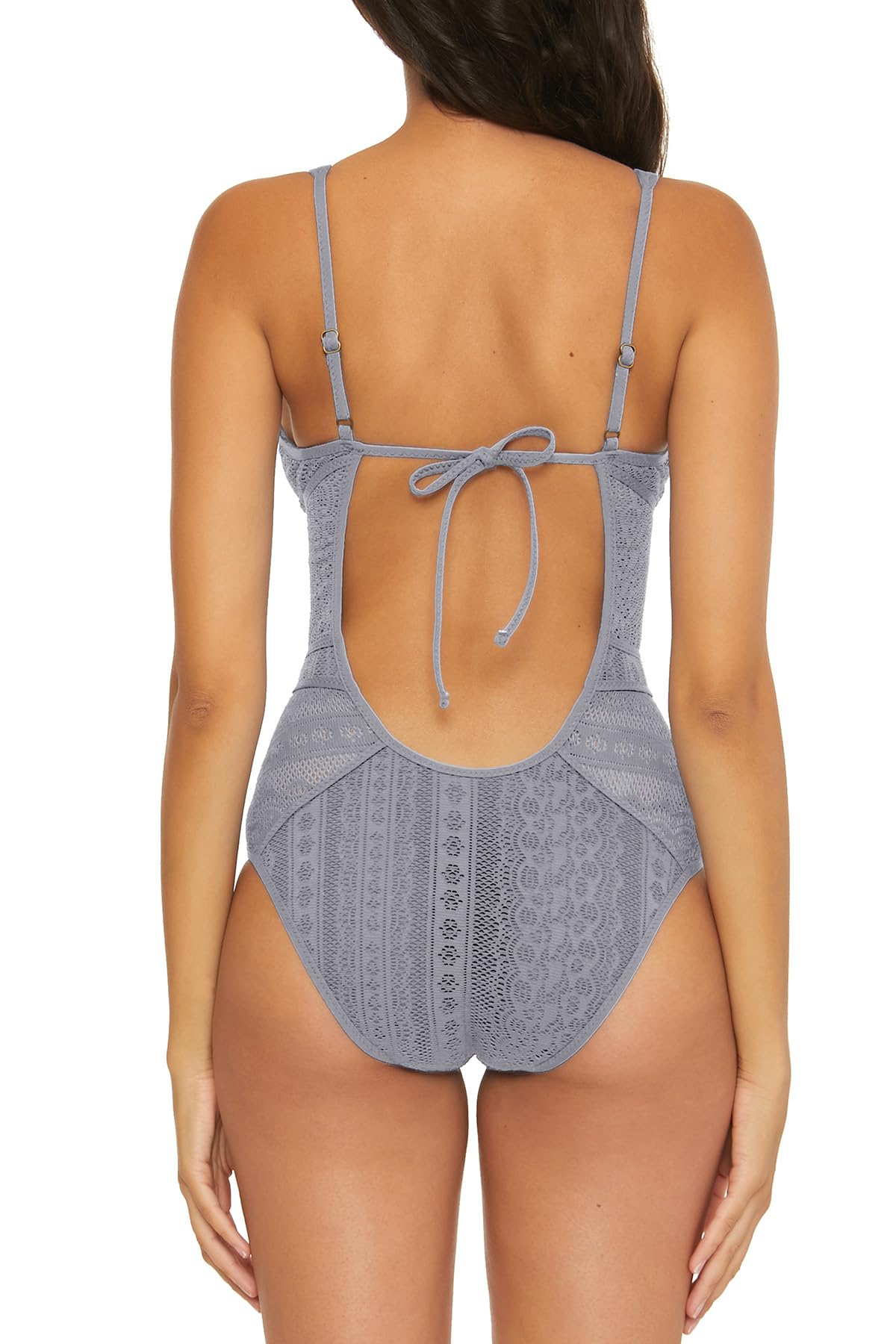 BECCA Color Play - Women's One Piece Swimsuit, Plunge Neck, Crochet, Bathing Suits for Women, Blue Shadow, X-Small