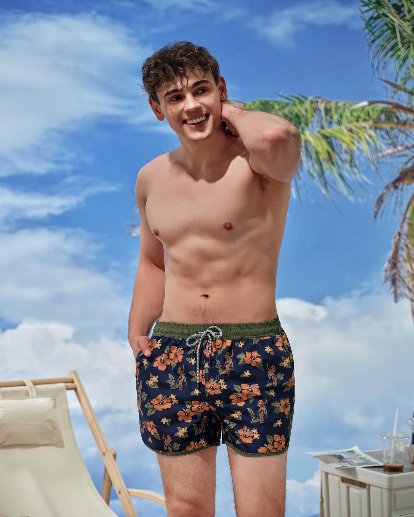 SURF CUZ Mens Swim Trunks 5" Swim Shorts Vintage Bathing Suits with Mesh Lining 80s 90s Retro Swimwear Board Shorts,Aloha,L