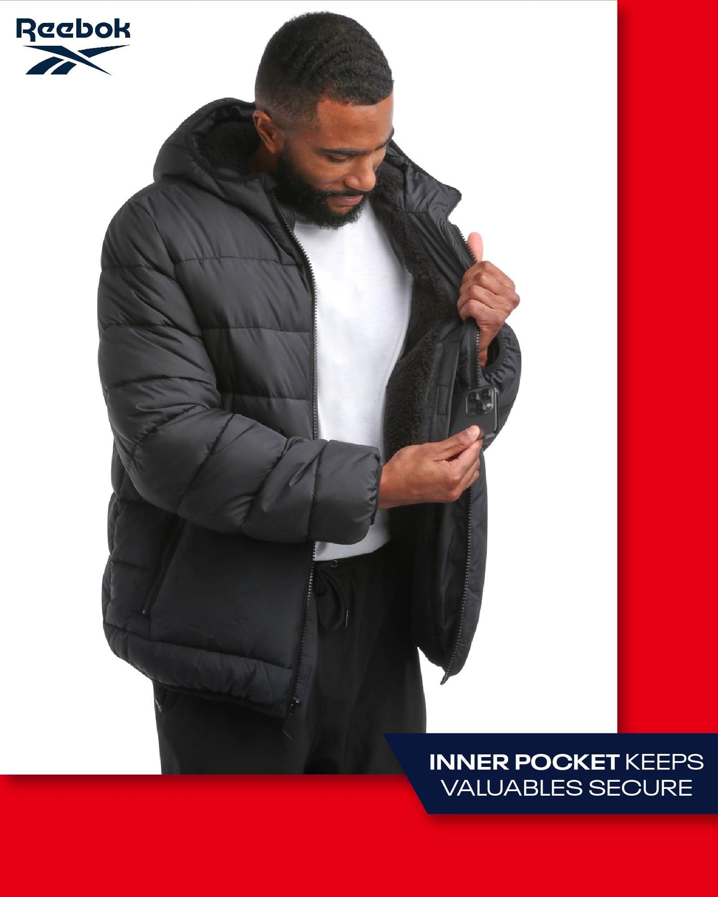 Reebok Men's Winter Jacket - Heavyweight Quilted Puffer Parka Coat - Ski Jacket for Men, Sherpa Lined Hood (S-XL), Size Large, Jet Black