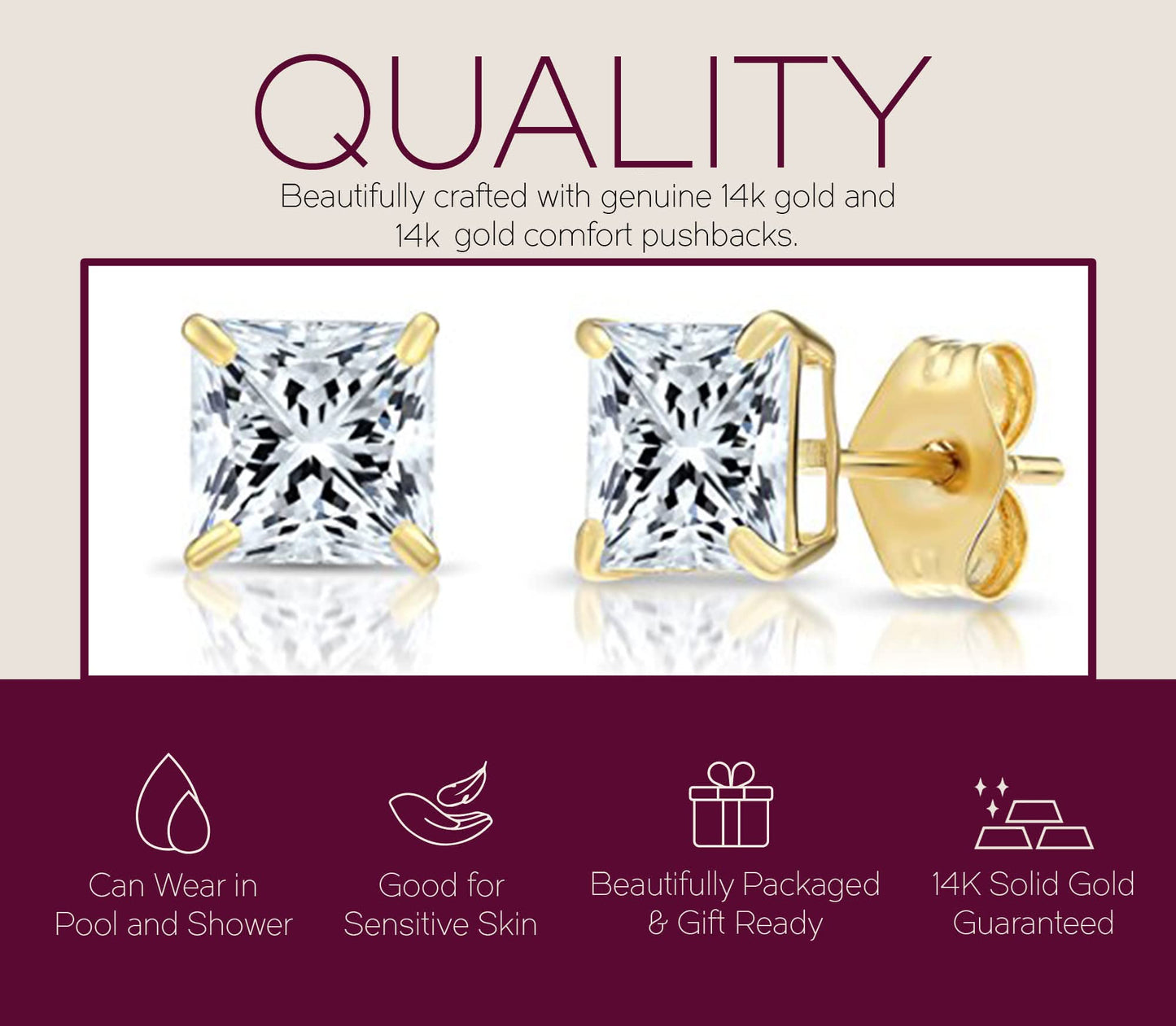 Solid 14k Yellow Gold Square Solitaire Cubic Zirconia Princess-cut CZ Stud Earrings for men and women (6mm)