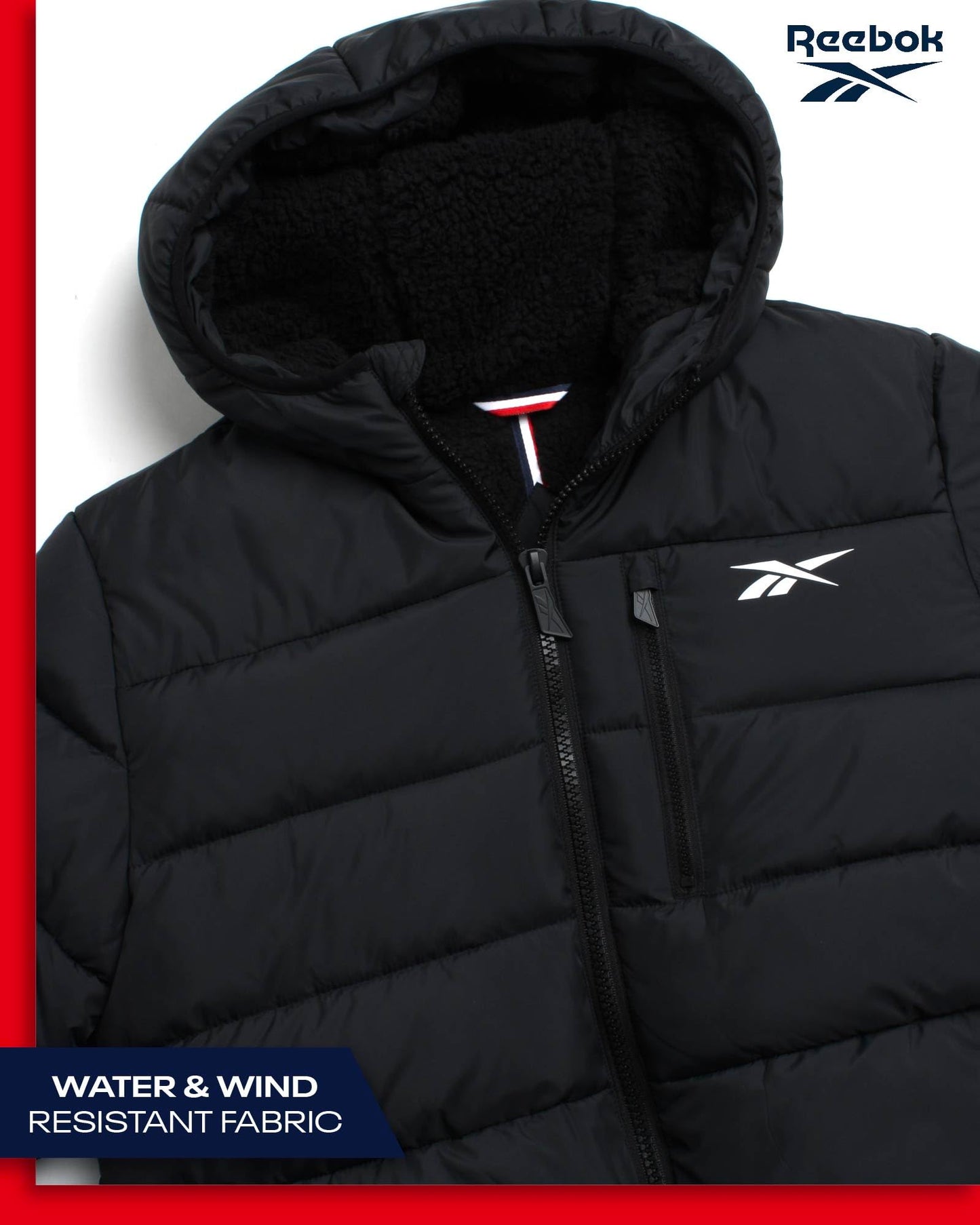 Reebok Men's Winter Jacket - Heavyweight Quilted Puffer Parka Coat - Ski Jacket for Men, Sherpa Lined Hood (S-XL), Size Large, Jet Black