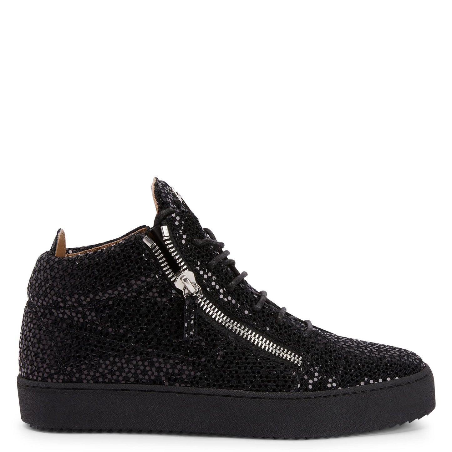 Giuseppe Zanotti, Kriss Black Laminated Synthetic Fabric Mid-Top Sneakers, 15, Black
