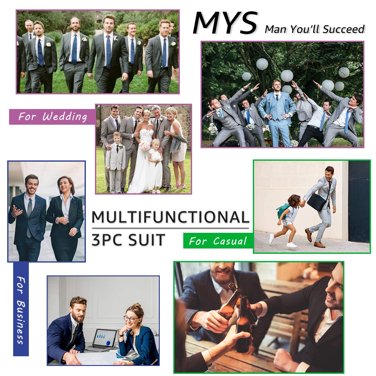 MY'S Men's 3 Piece Slim Fit Suit Set, 2 Button Blazer Jacket Vest Pants with Tie, Solid Wedding Dress Tux and Trousers Beige